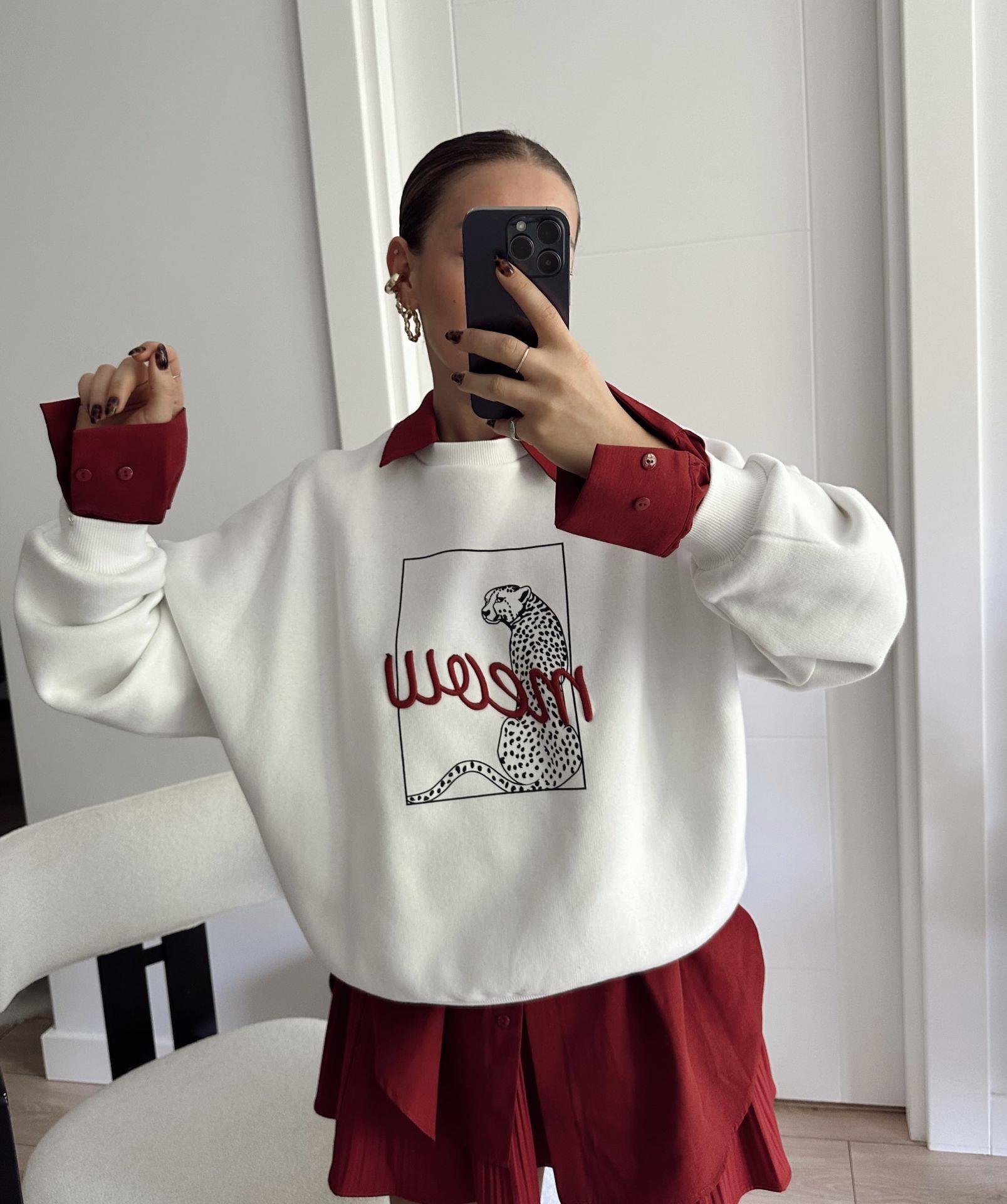 Meow Baskı Detayı Sweatshirt Ekru