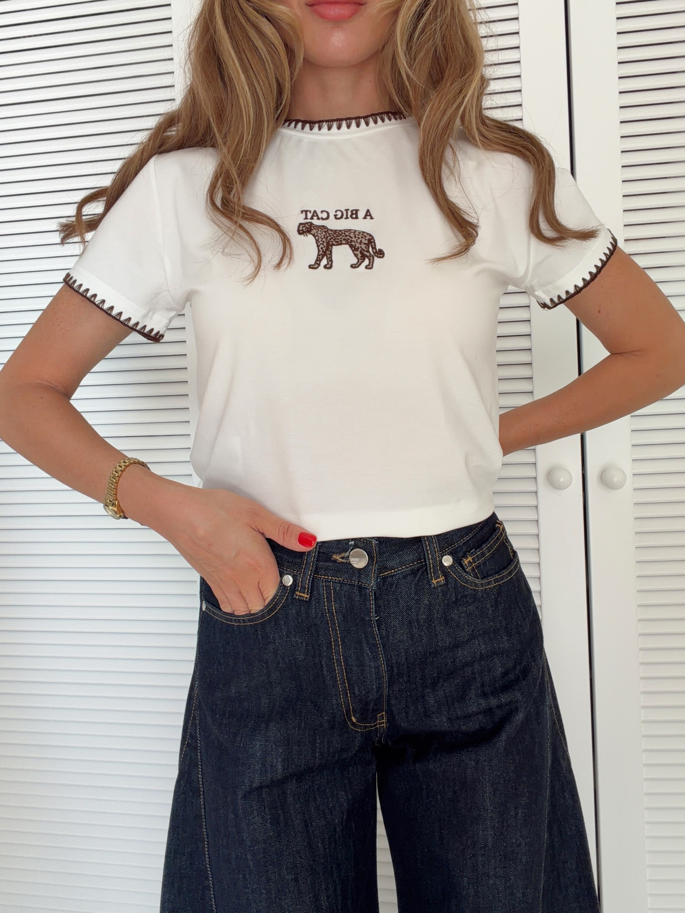 Nakış Detaylı T-shirt Ekru Leopar