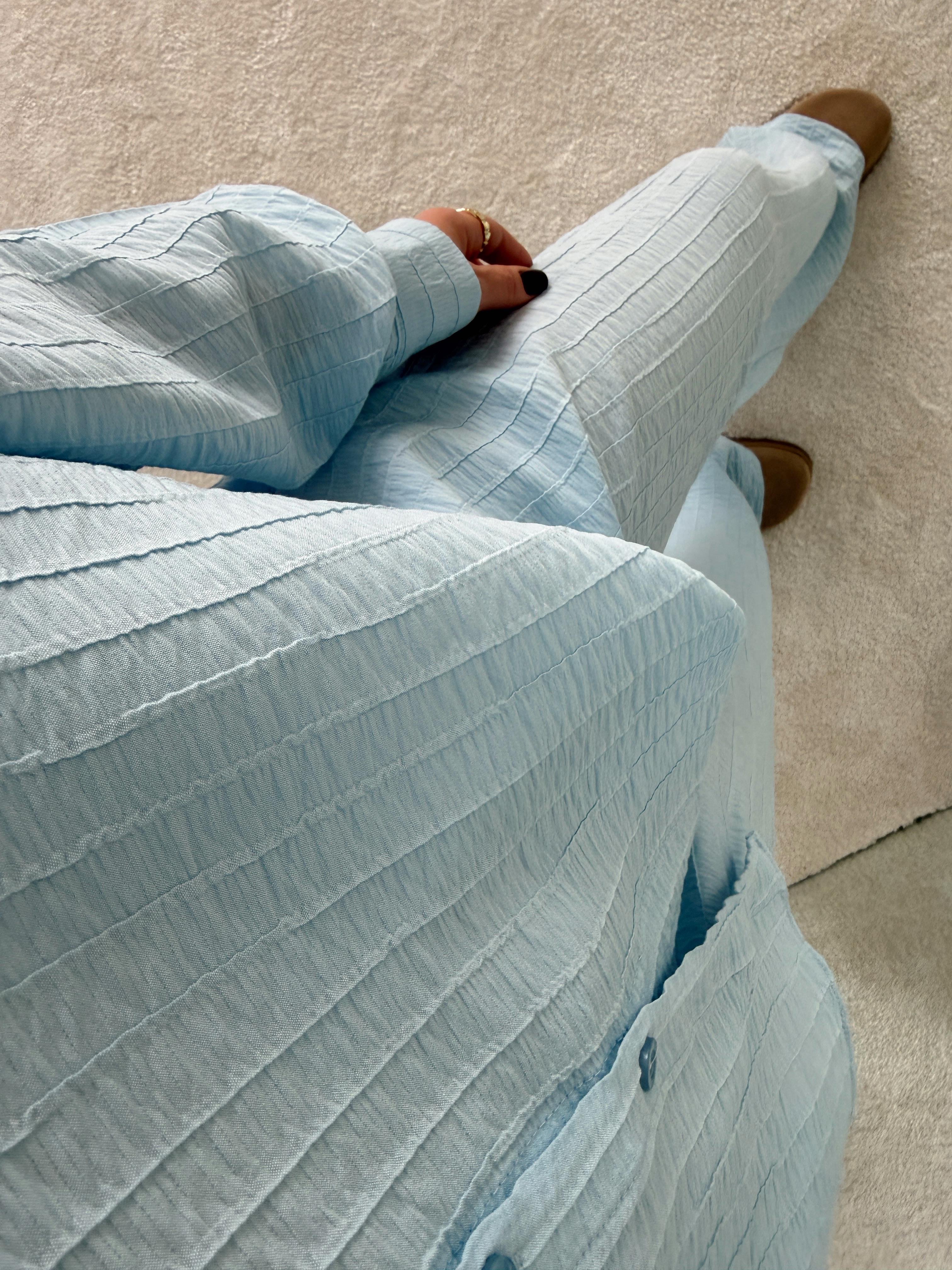 Oversize Gömlek ve Rahat Kalıp Astarlı Pantolon Takım Mavi