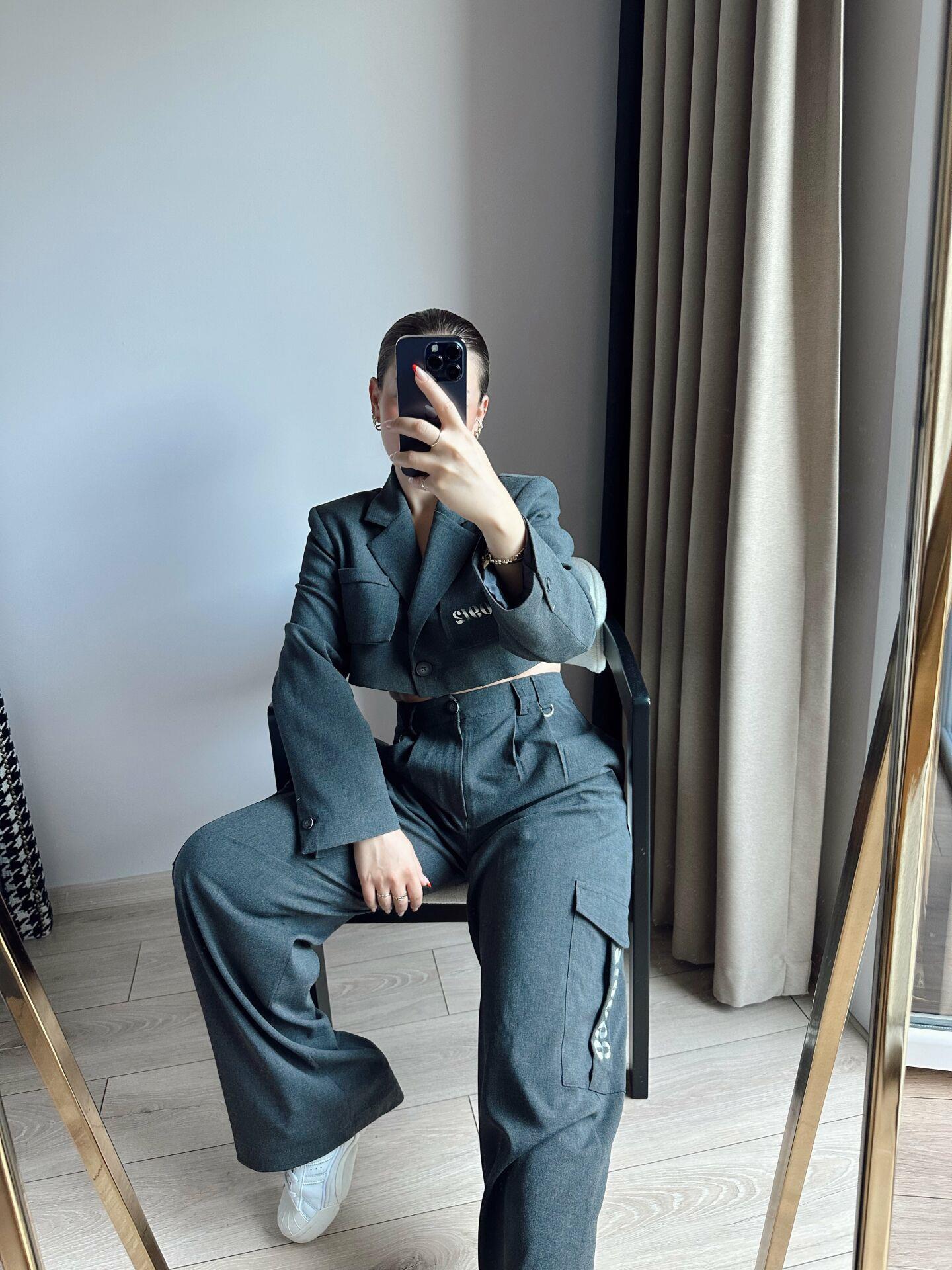 Parça Detaylı Crop Blazer Ceket Antrasit
