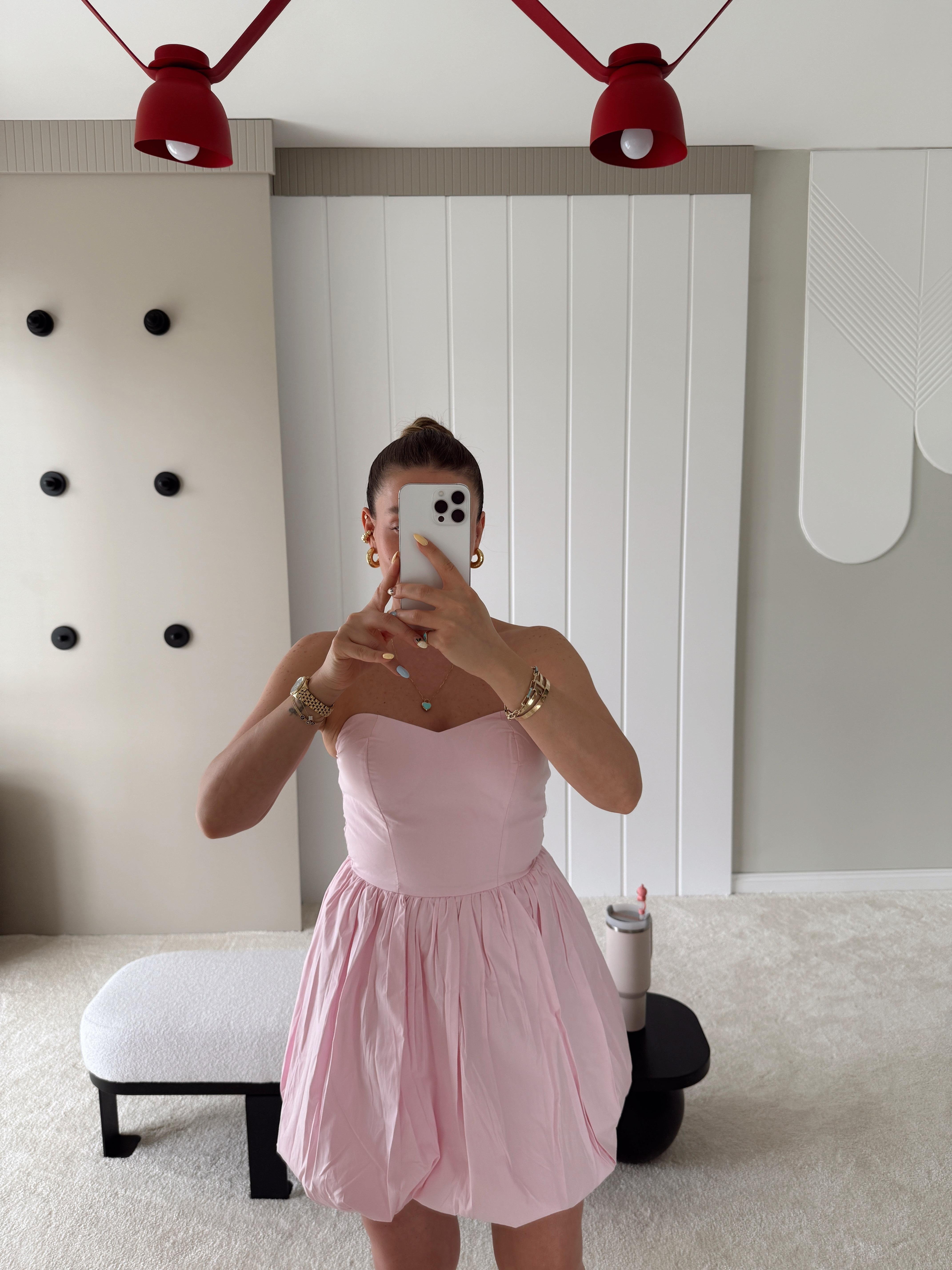 Pembe Balon Etekli Mini Straplez Elbise Pembe 