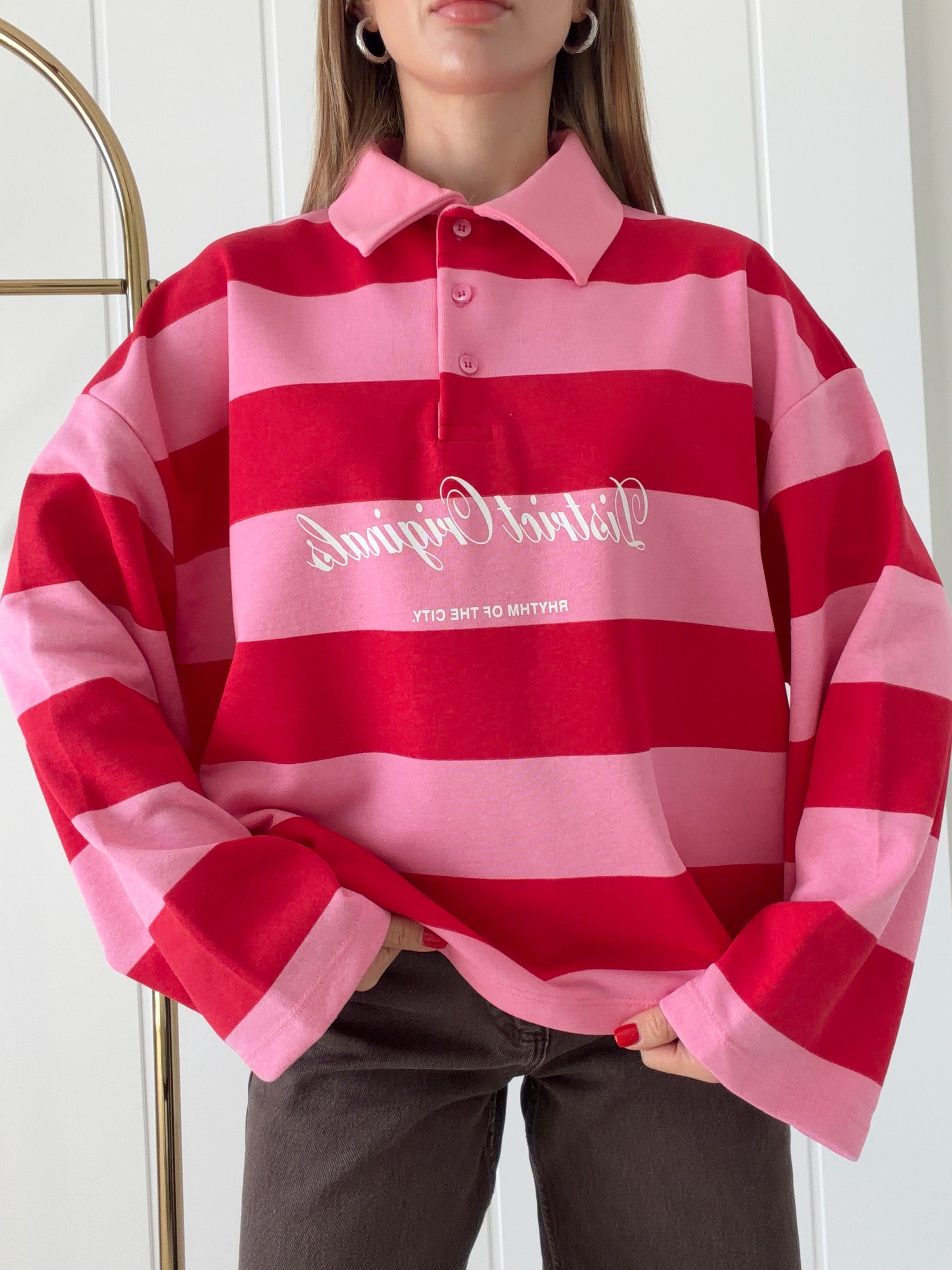 Polo Yaka Baskılı Sweat Pembe Kırmızı