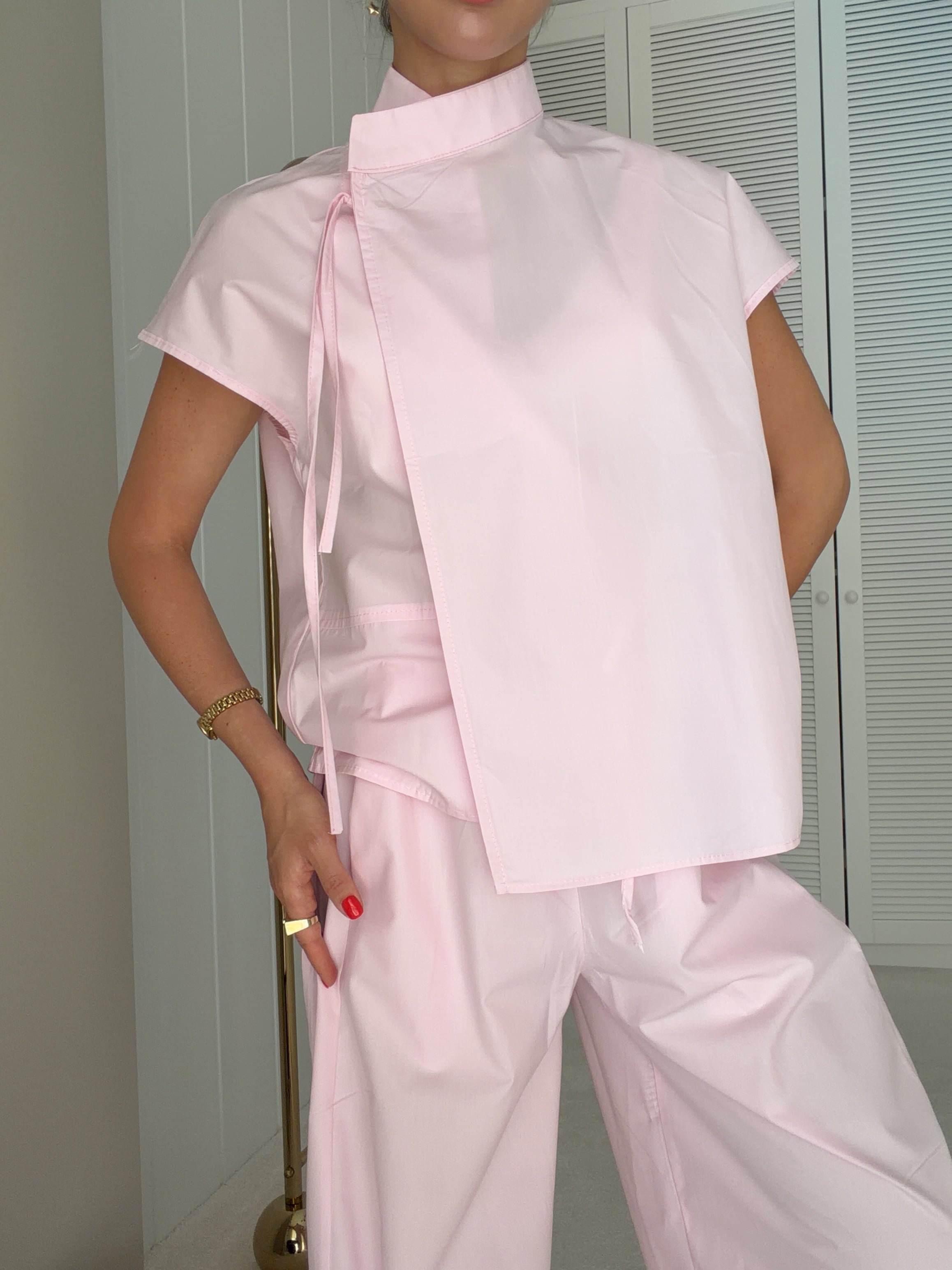 Poplin Kumaş Bağlamalı Gömlek ve Pantolon Takım Ekru