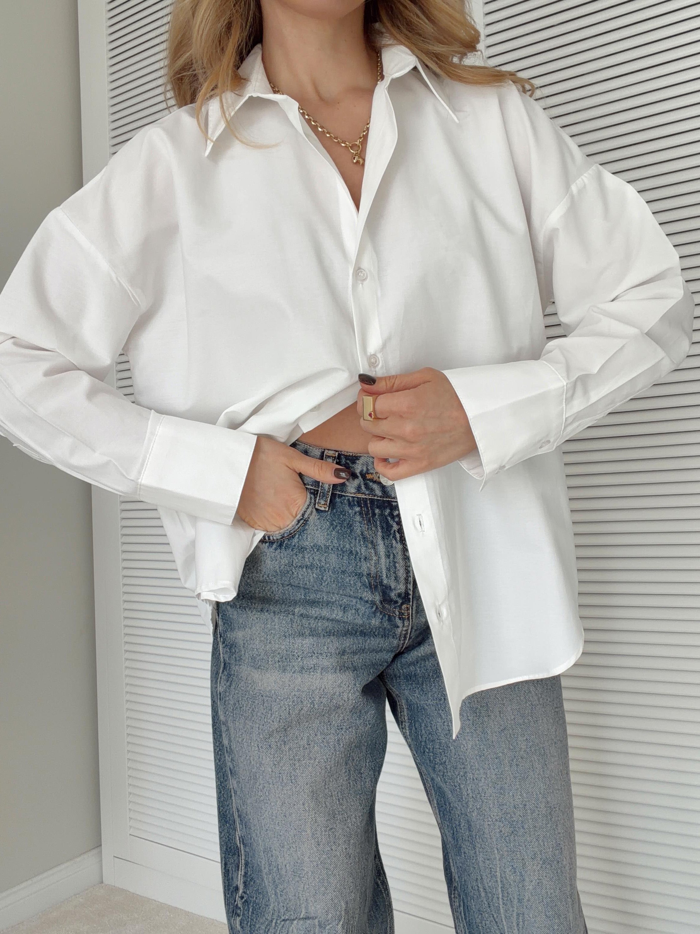 Poplin Kumaş Gömlek Oversize Kalıp Ekru