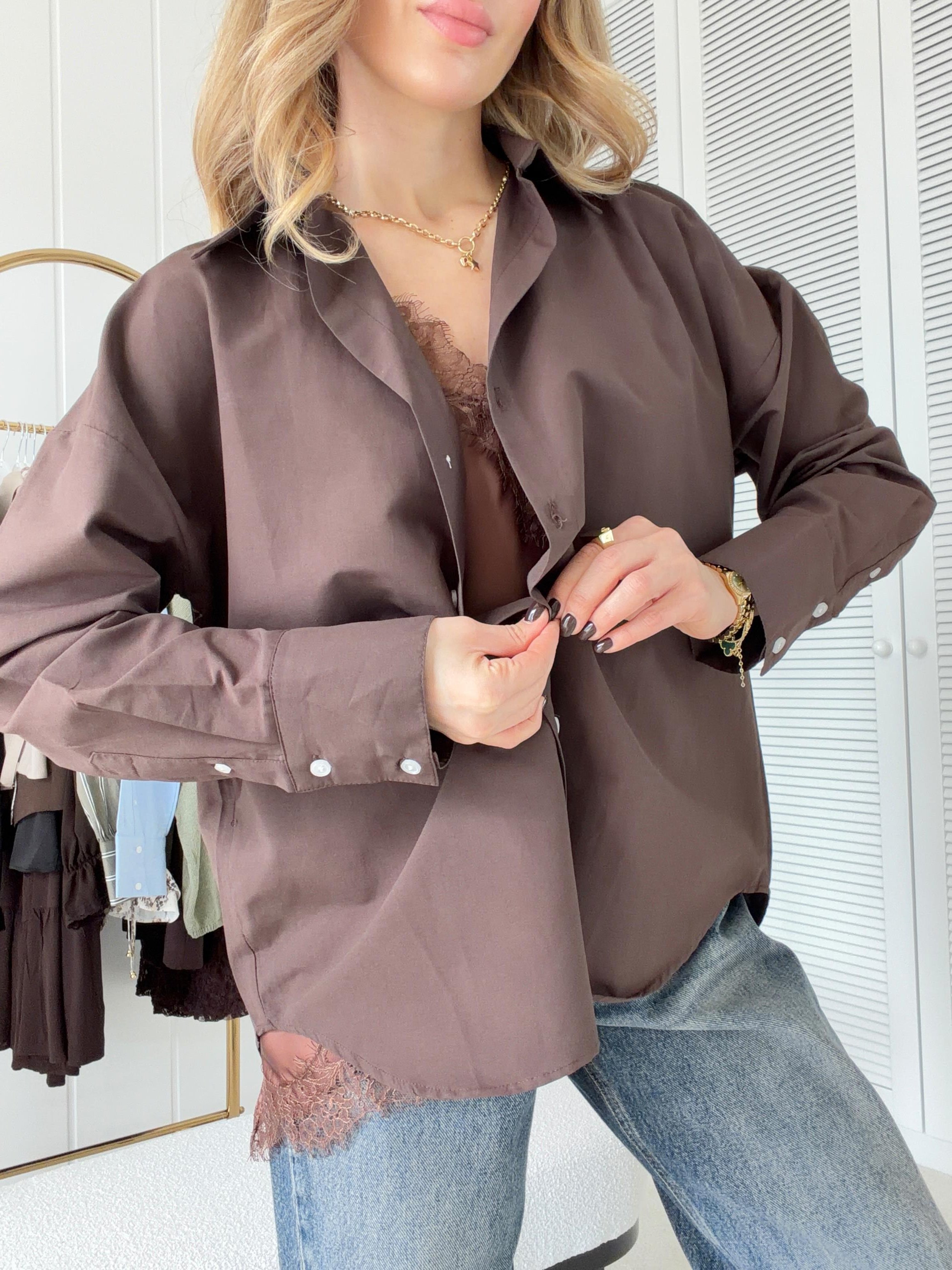 Poplin Kumaş Gömlek Oversize Kalıp Kahverengi