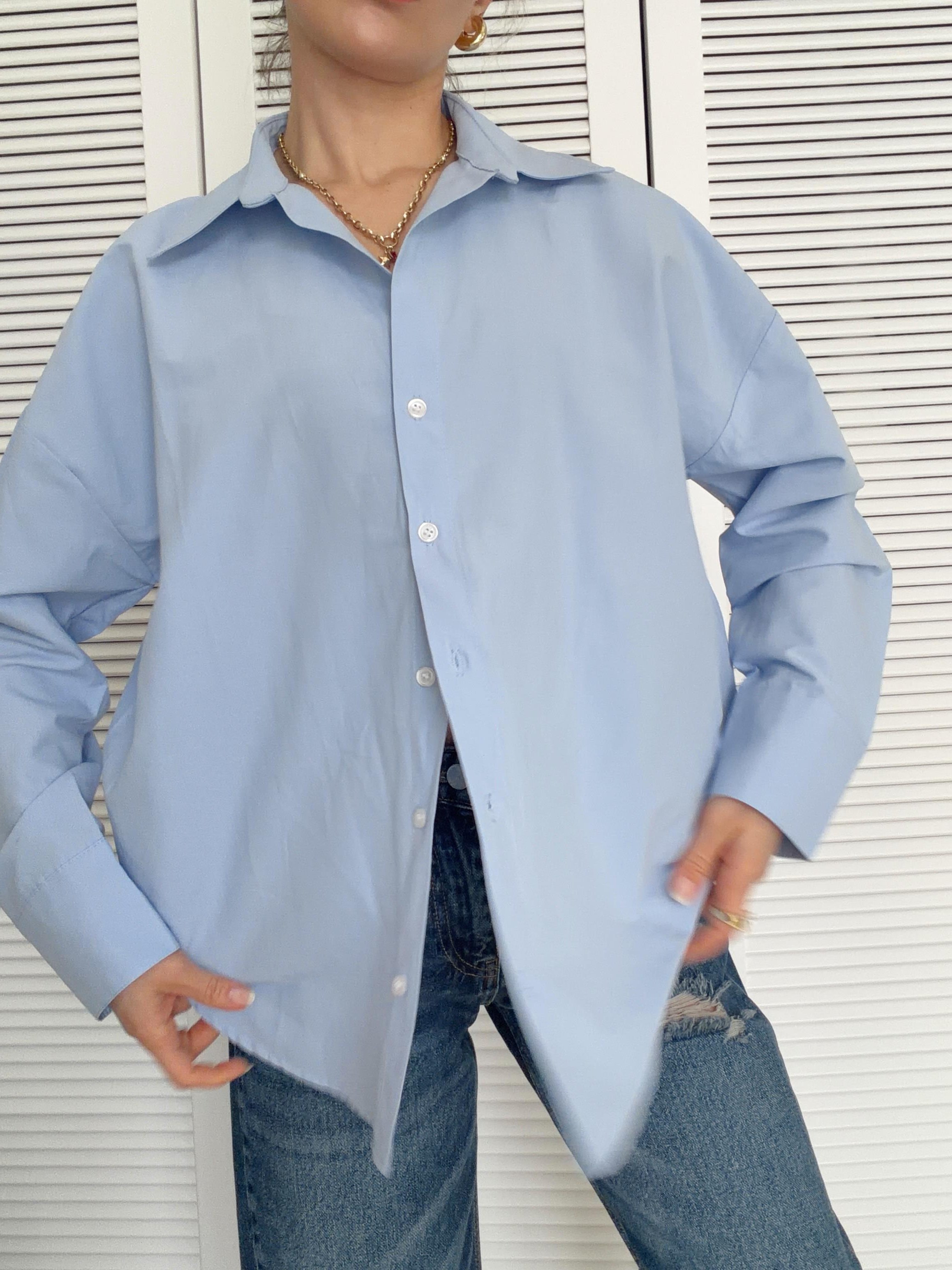 Poplin Kumaş Gömlek Oversize Kalıp Mavi