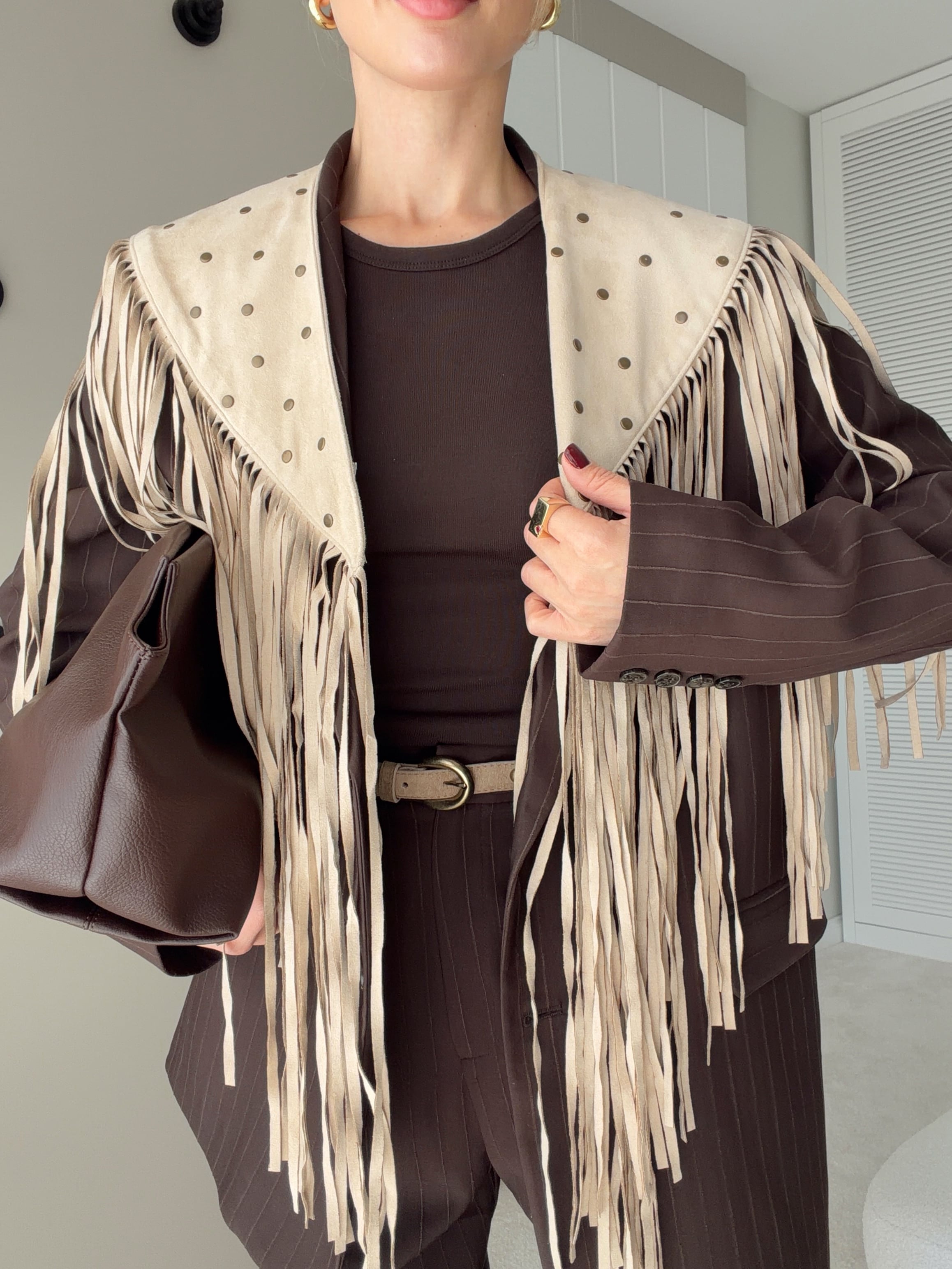 Püsküllü Süet Şal Detaylı Oversize Blazer Ceket Kahverengi