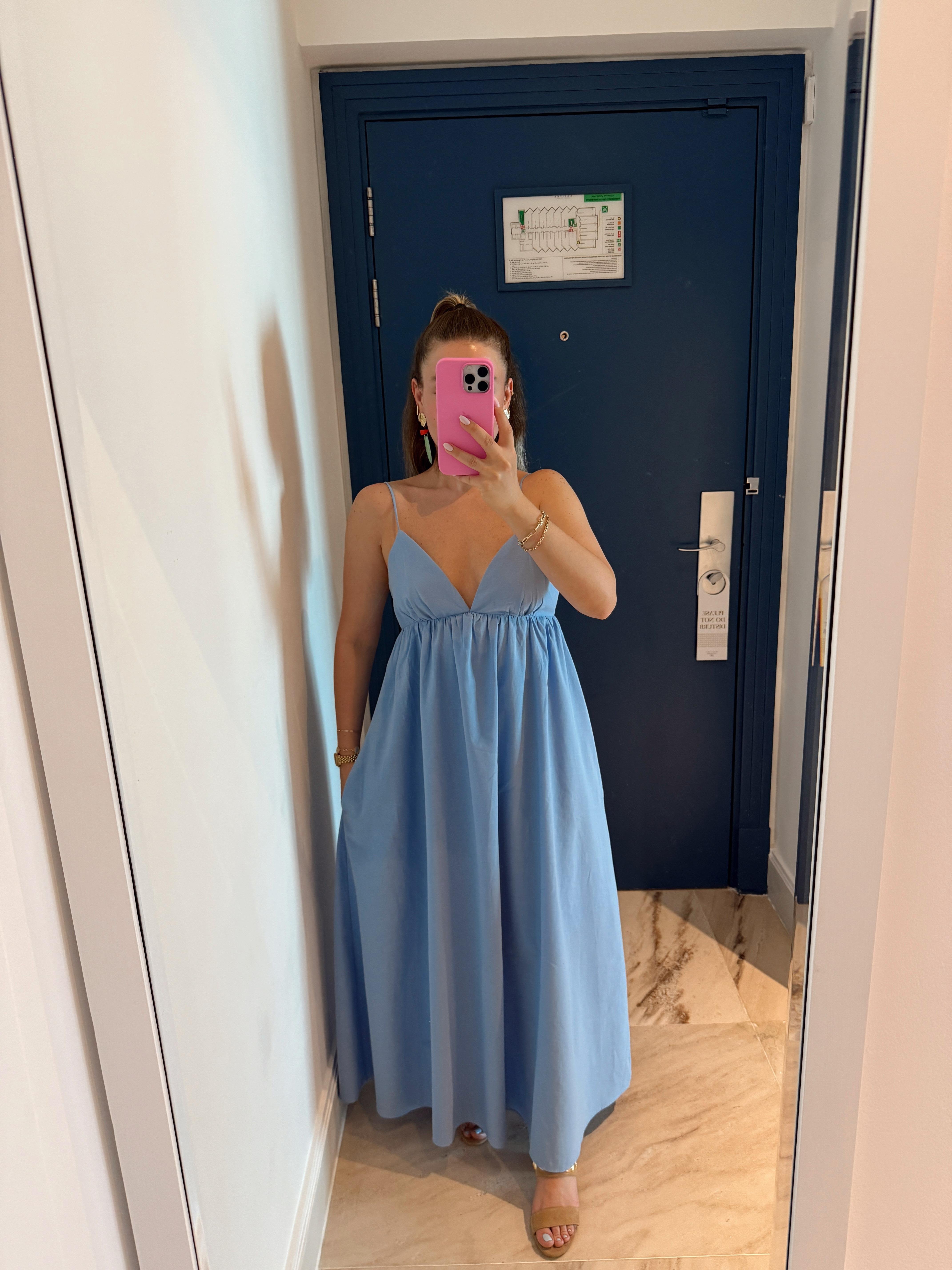 Sırt Detaylı Askılı Maxi Elbise Bebe Mavi