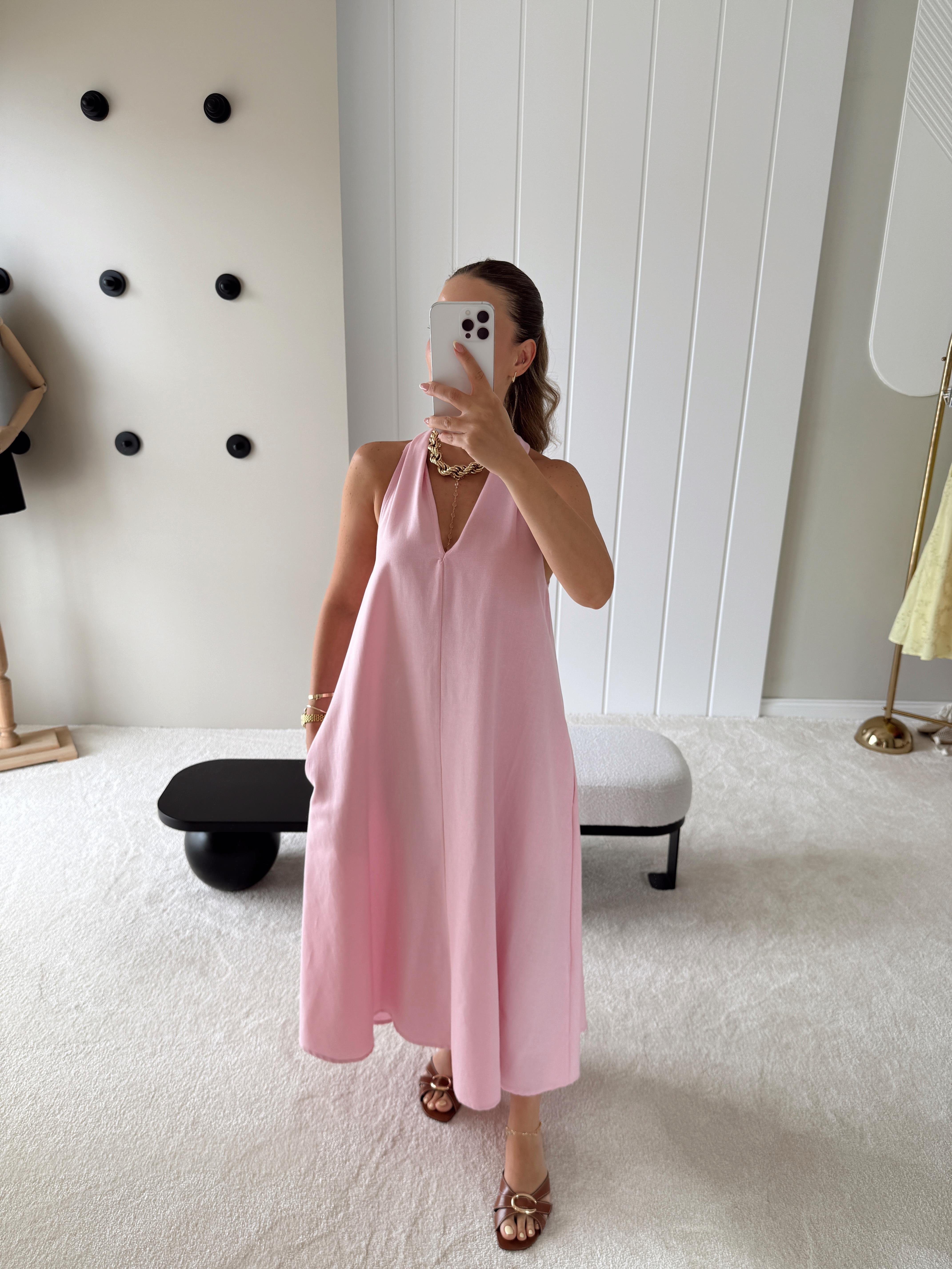V Yaka Halter Yaka Keten Elbise Pembe