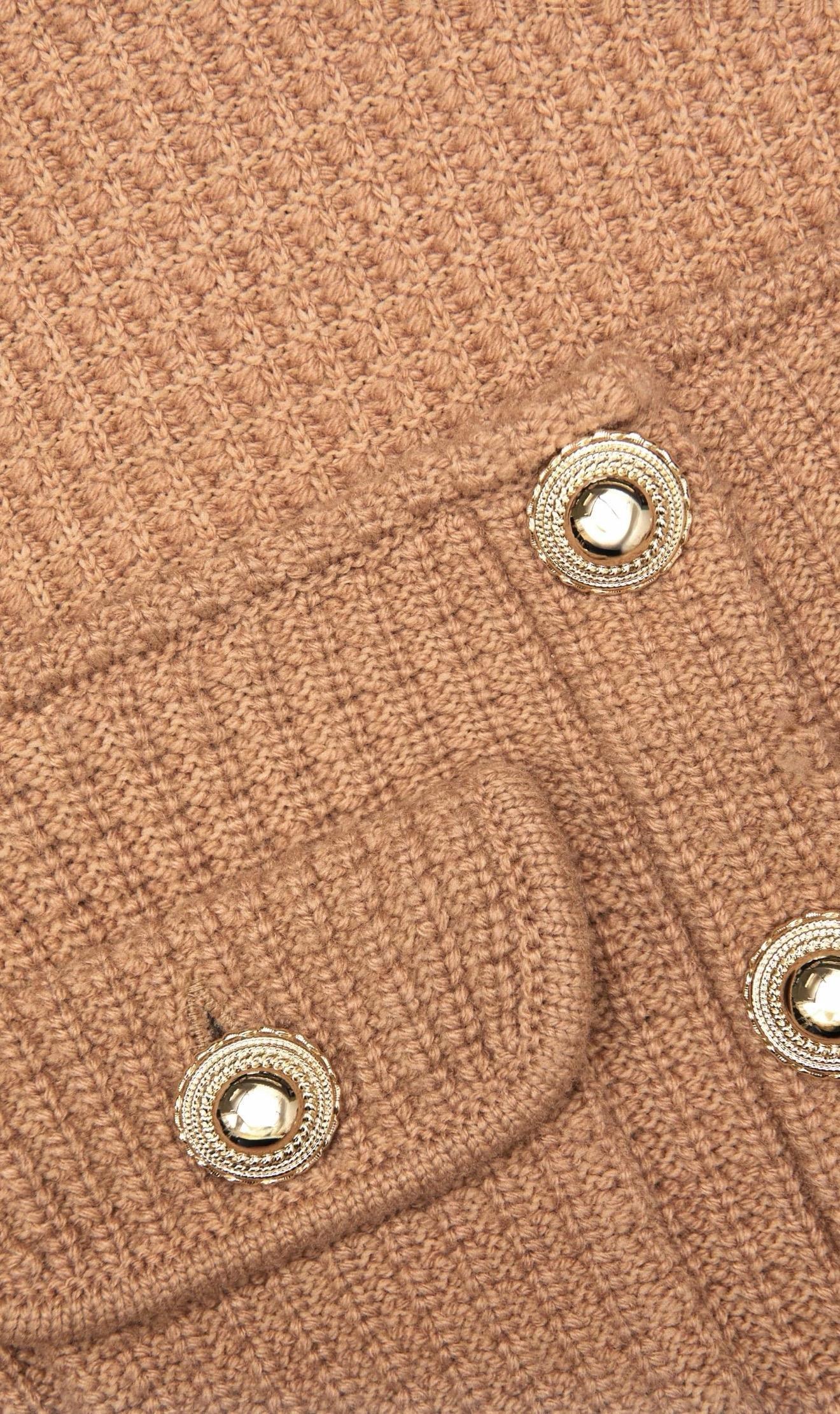 Gold Düğmeli Peplum Detaylı Midi Triko Camel Elbise