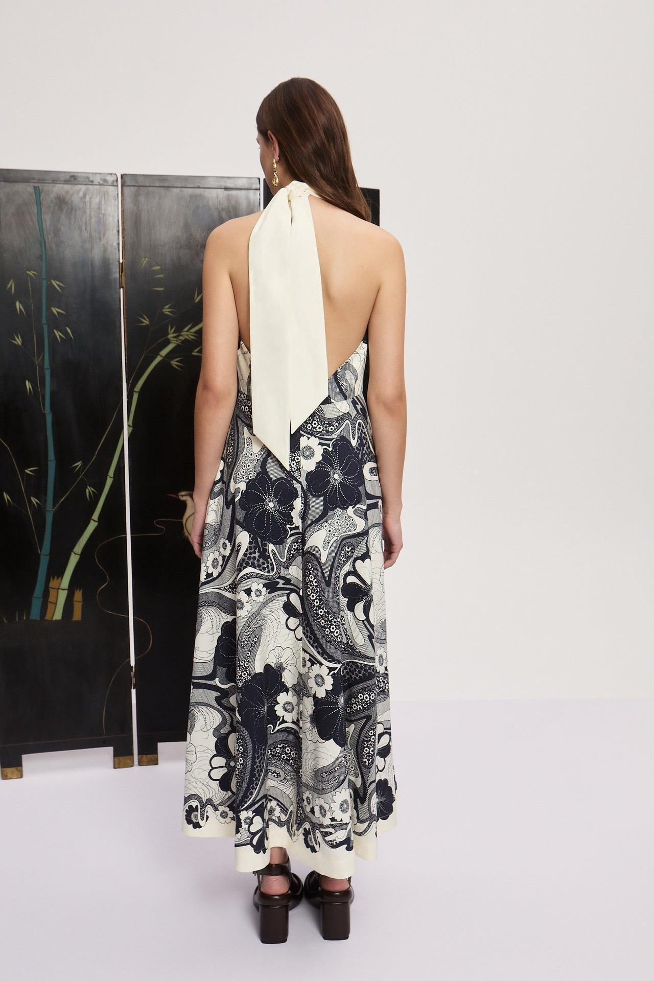 Halter Yaka Desenli Premium Midi Elbise
