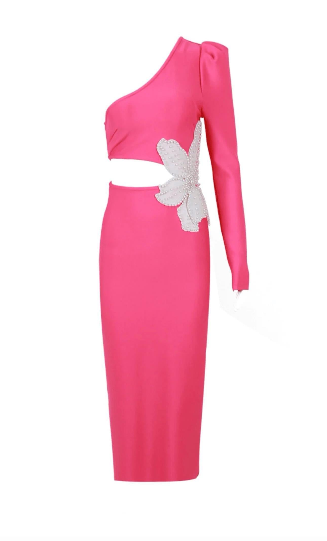 TASARIM BELİ ÇİÇEK DETAYLI PEMBE MİDİ ELBİSE