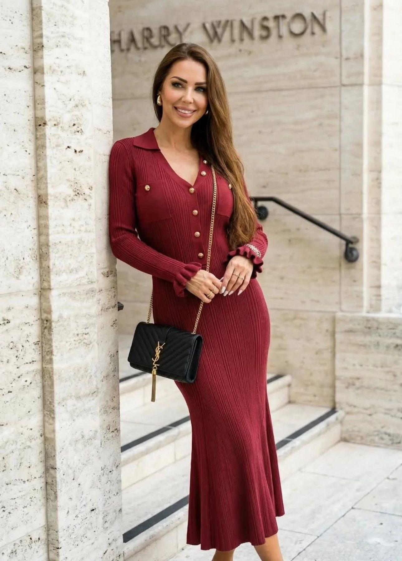 TASARIM BORDO GOLD DÜĞMELİ MİDİ ELBİSE