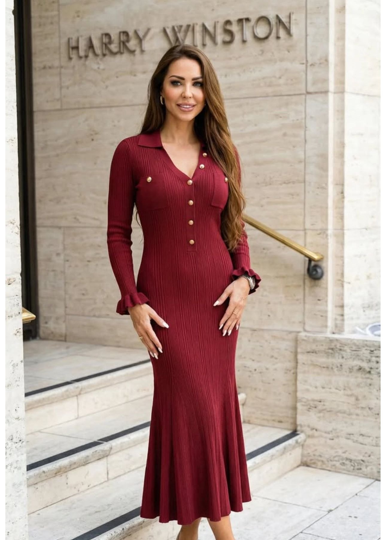 TASARIM BORDO GOLD DÜĞMELİ MİDİ ELBİSE