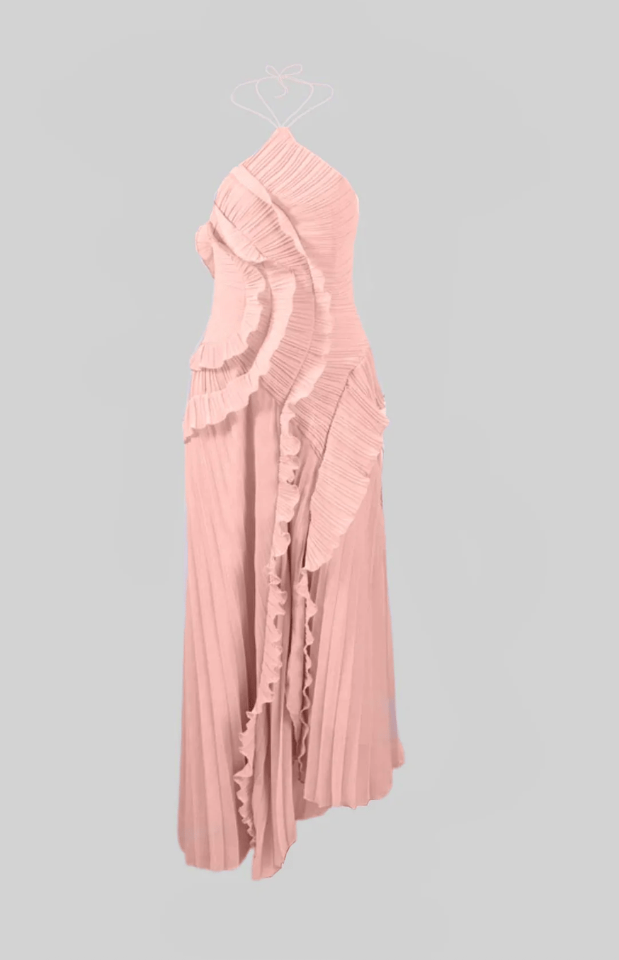 TASARIM BOYUNDAN BAĞLI PEMBE MİDİ ELBİSE