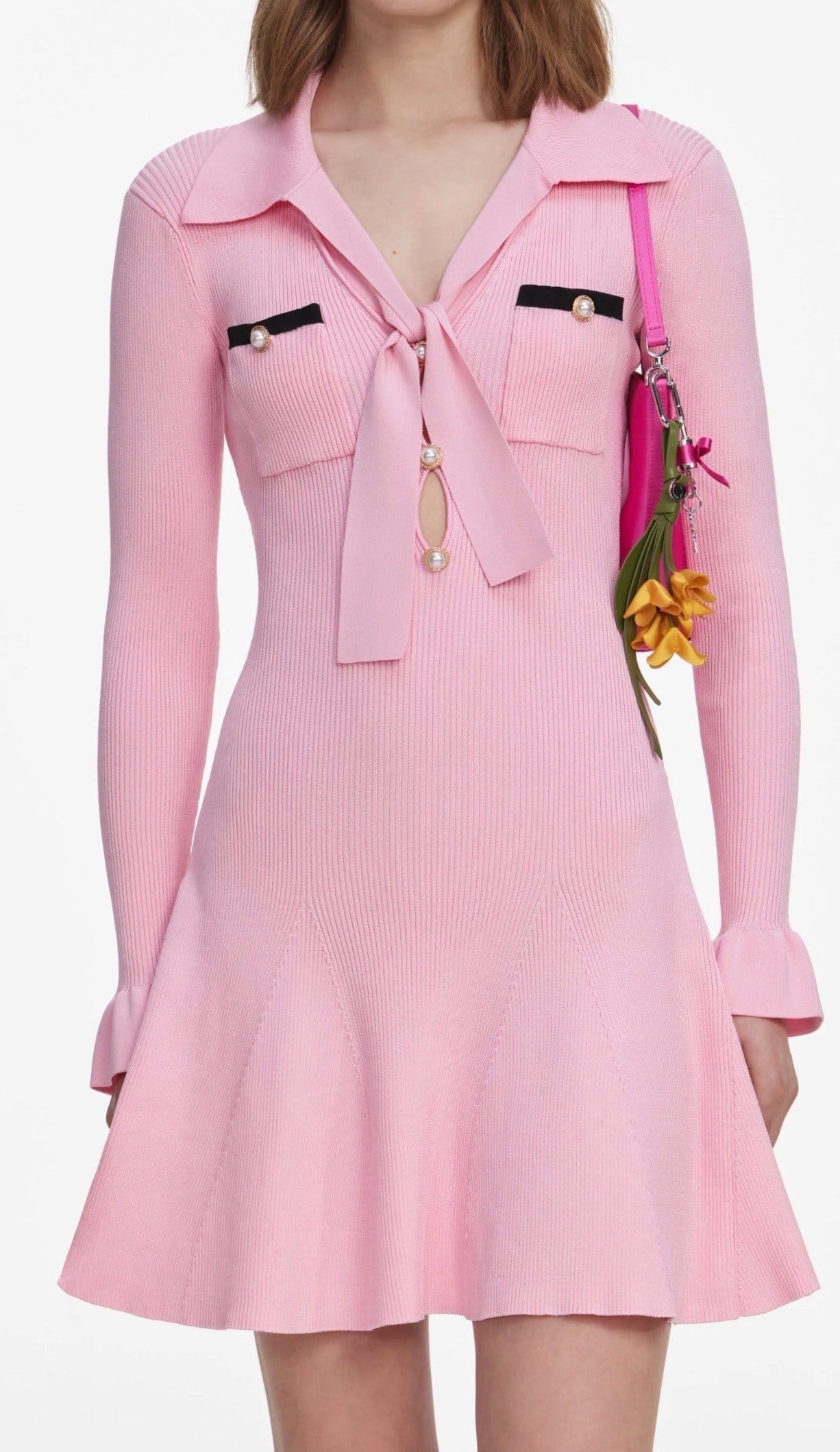 TASARIM CEPLİ PEMBE MİNİ TRİKO ELBİSE