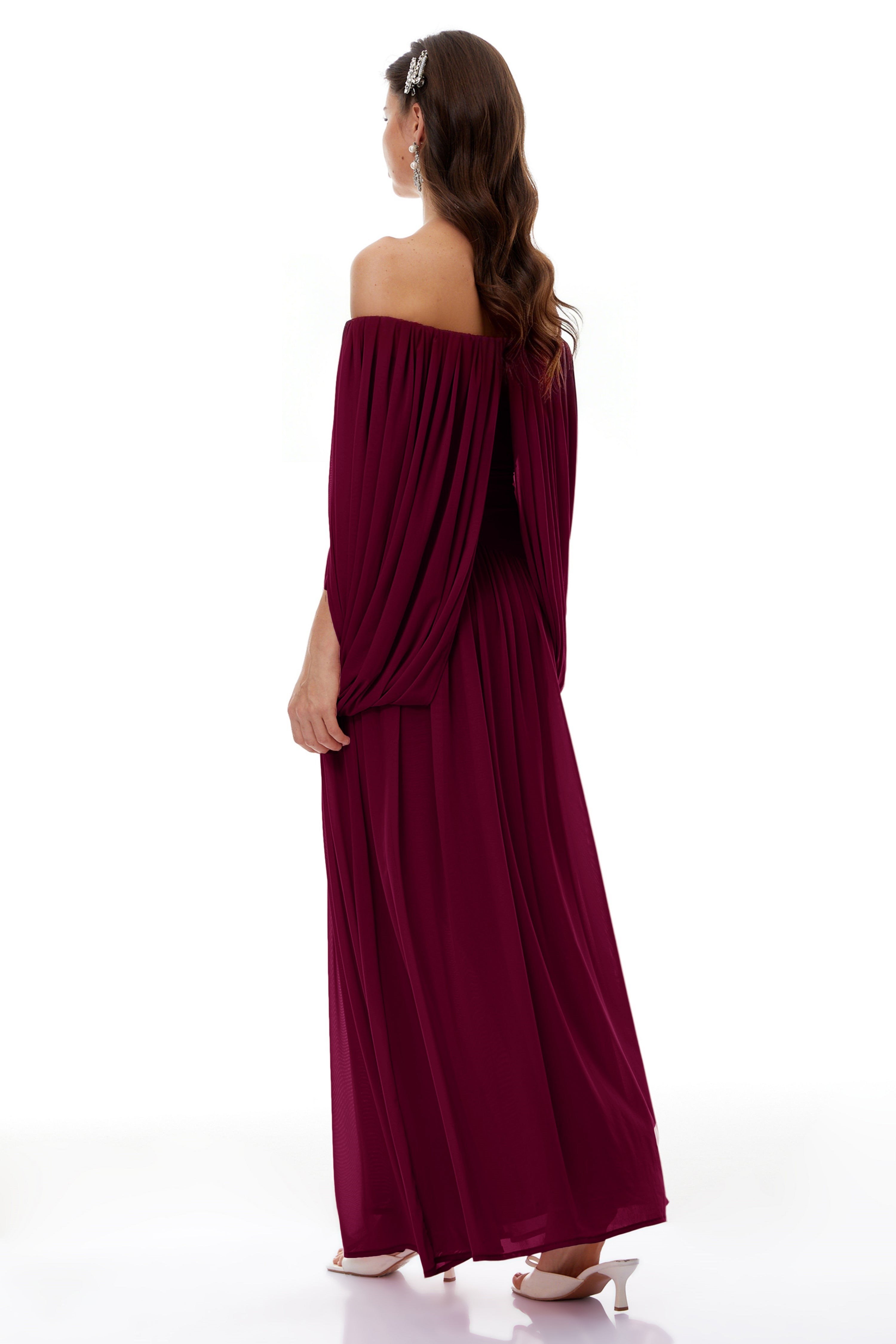 TASARIM DRAPE DETAYLI BORDO PELERİNLİ MİDİ ELBİSE
