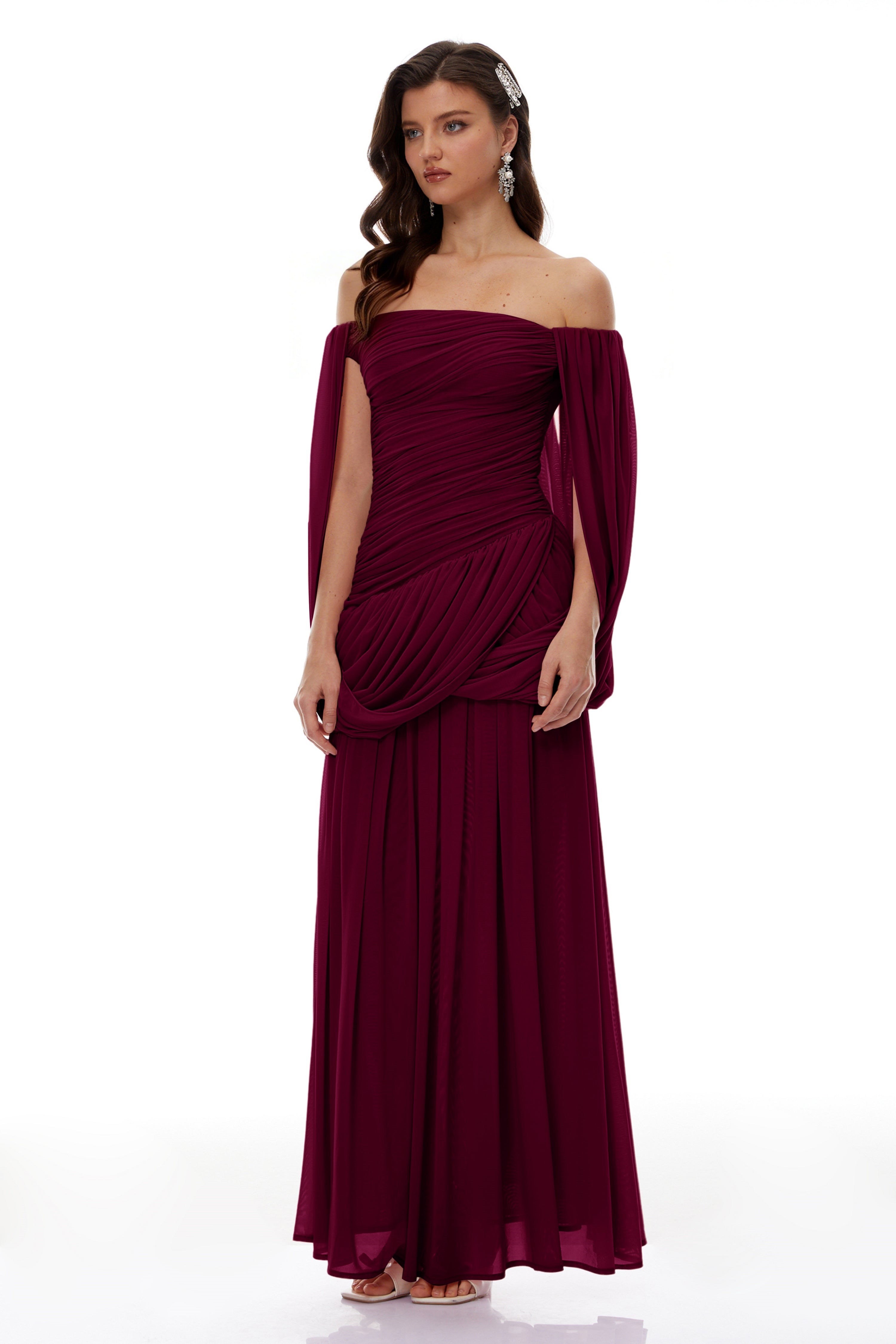 TASARIM DRAPE DETAYLI BORDO PELERİNLİ MİDİ ELBİSE