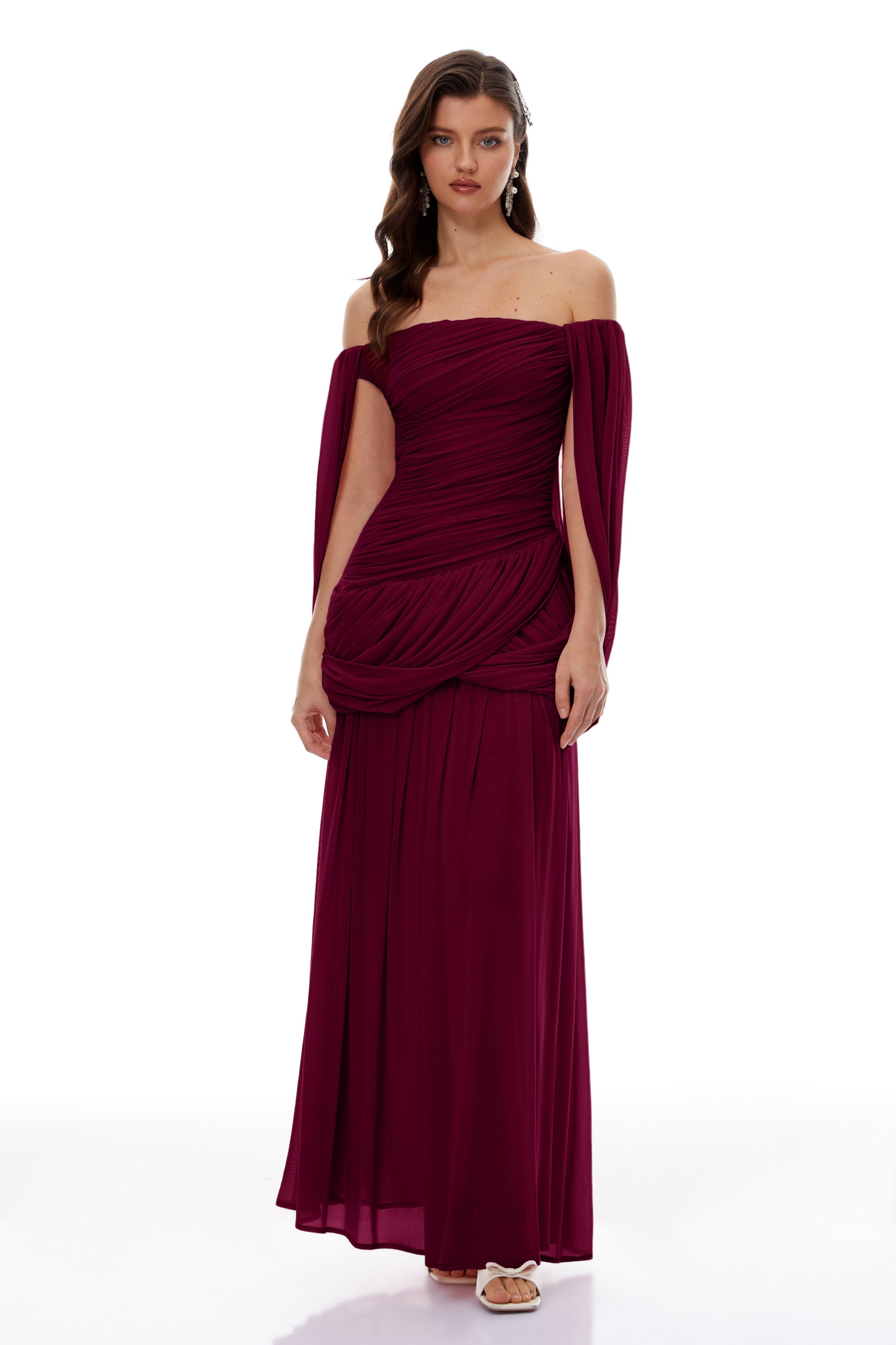 TASARIM DRAPE DETAYLI BORDO PELERİNLİ MİDİ ELBİSE
