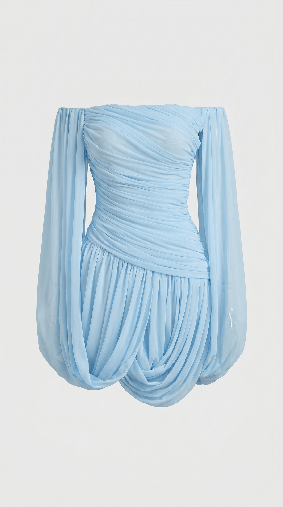 TASARIM DRAPE DETAYLI MAVİ PELERİNLİ MİNİ ELBİSE
