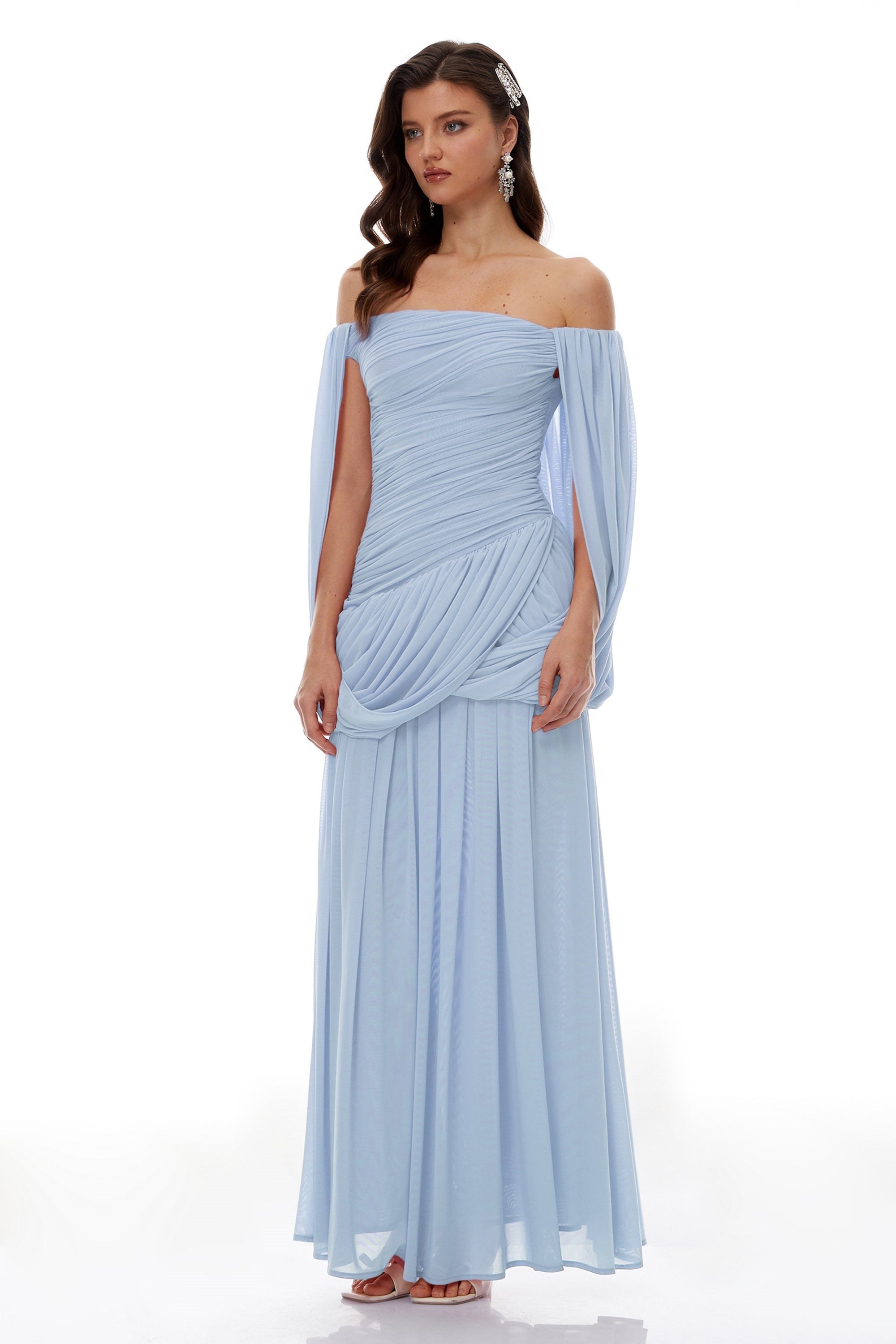 TASARIM DRAPE DETAYLI MAVİ PELERİNLİ UZUN MİDİ ELBİSE