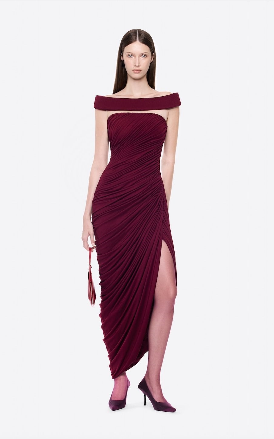 TASARIM DRAPE DETAYLI OMUZLARI AÇIK BORDO MİDİ ELBİSE