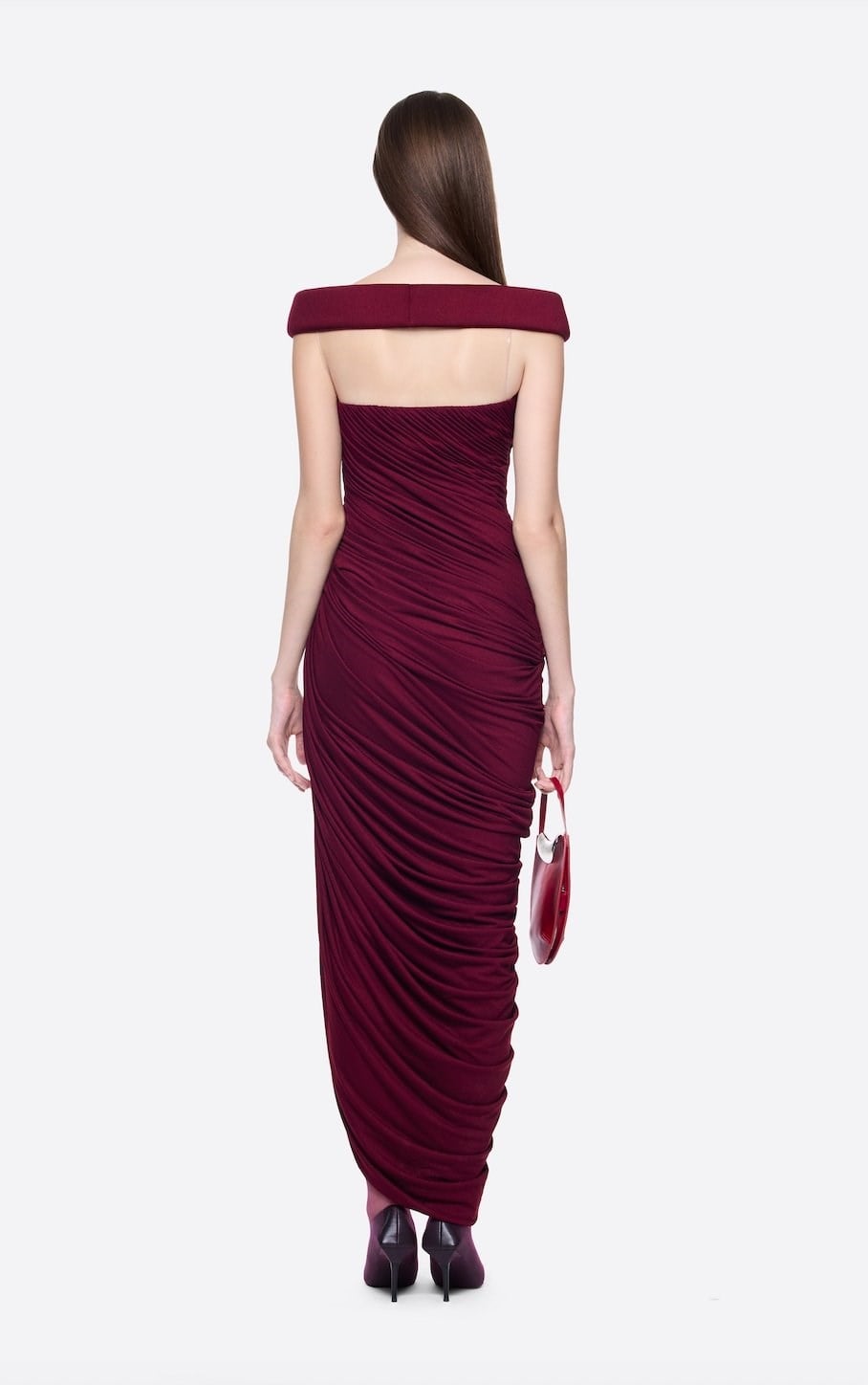 TASARIM DRAPE DETAYLI OMUZLARI AÇIK BORDO MİDİ ELBİSE