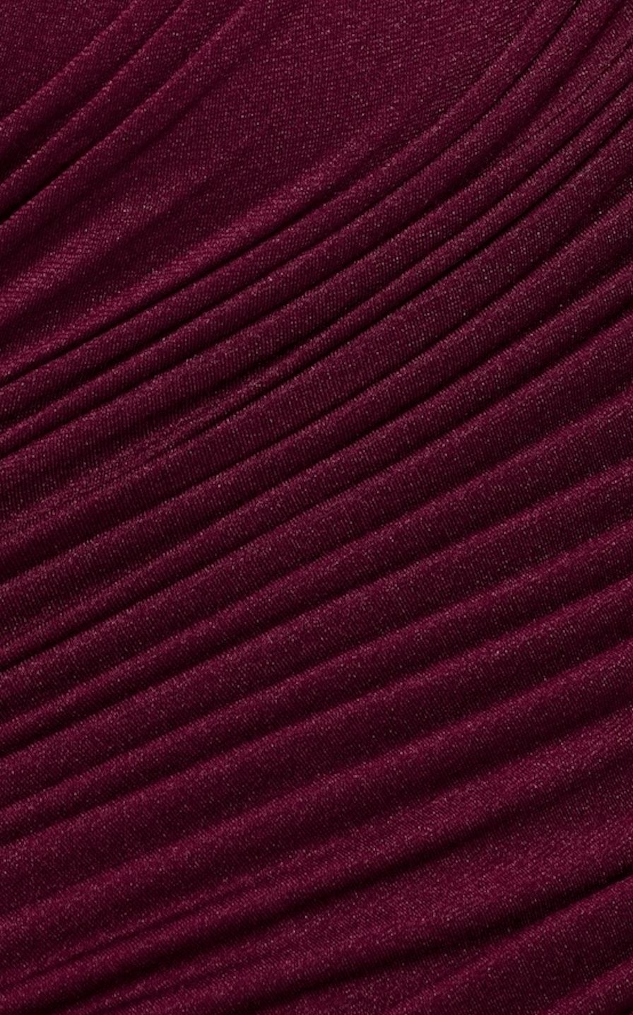 TASARIM DRAPE DETAYLI OMUZLARI AÇIK BORDO MİDİ ELBİSE
