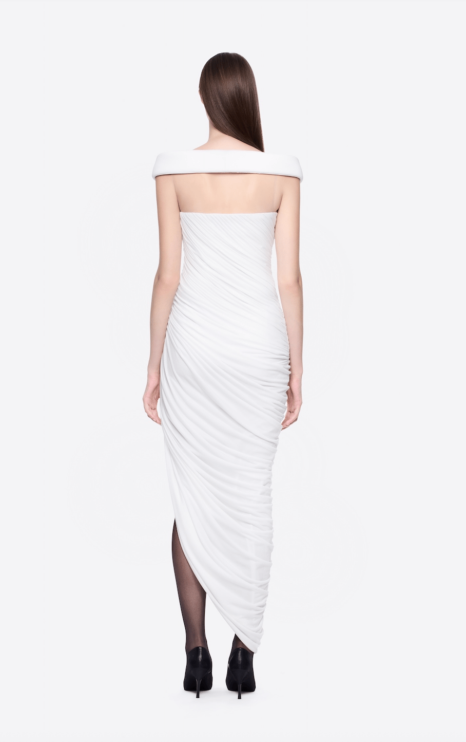TASARIM DRAPE DETAYLI OMUZLARI AÇIK MİDİ ELBİSE