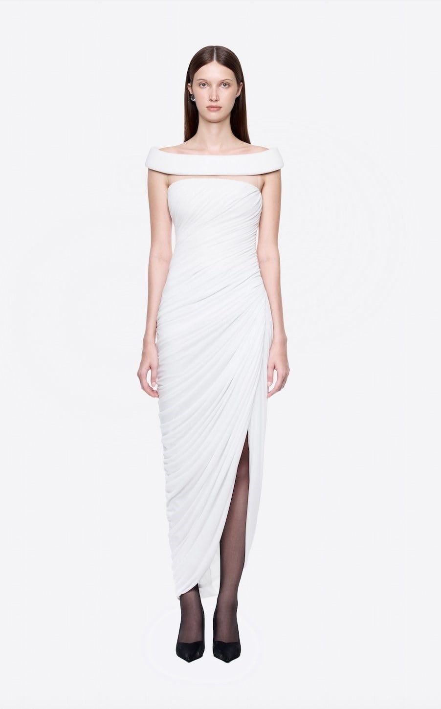 TASARIM DRAPE DETAYLI OMUZLARI AÇIK MİDİ ELBİSE