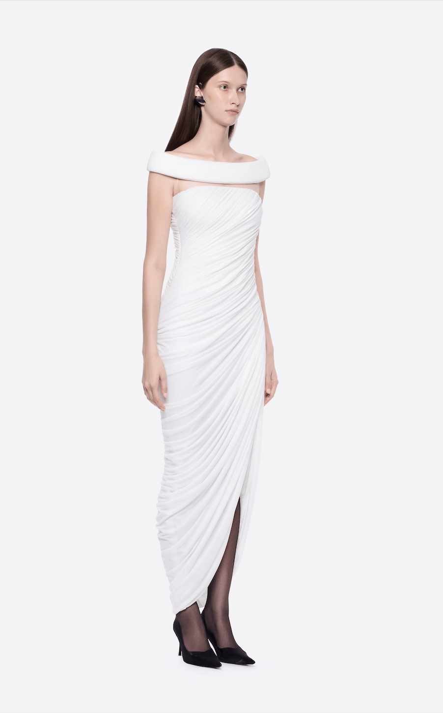TASARIM DRAPE DETAYLI OMUZLARI AÇIK MİDİ ELBİSE