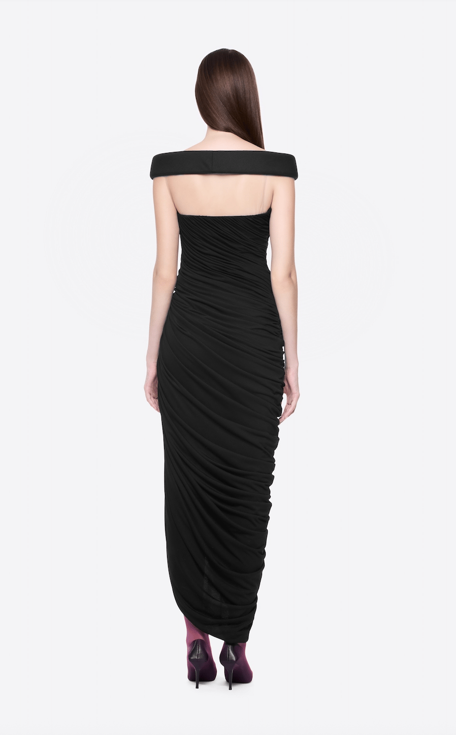 TASARIM DRAPE DETAYLI OMUZLARI AÇIK SİYAH MİDİ ELBİSE