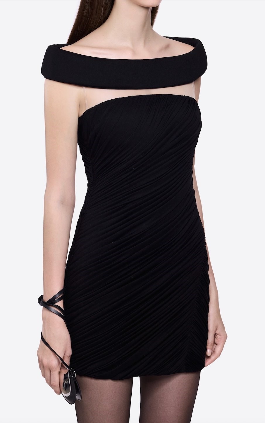 TASARIM DRAPE DETAYLI OMUZLARI AÇIK SİYAH MİNİ ELBİSE