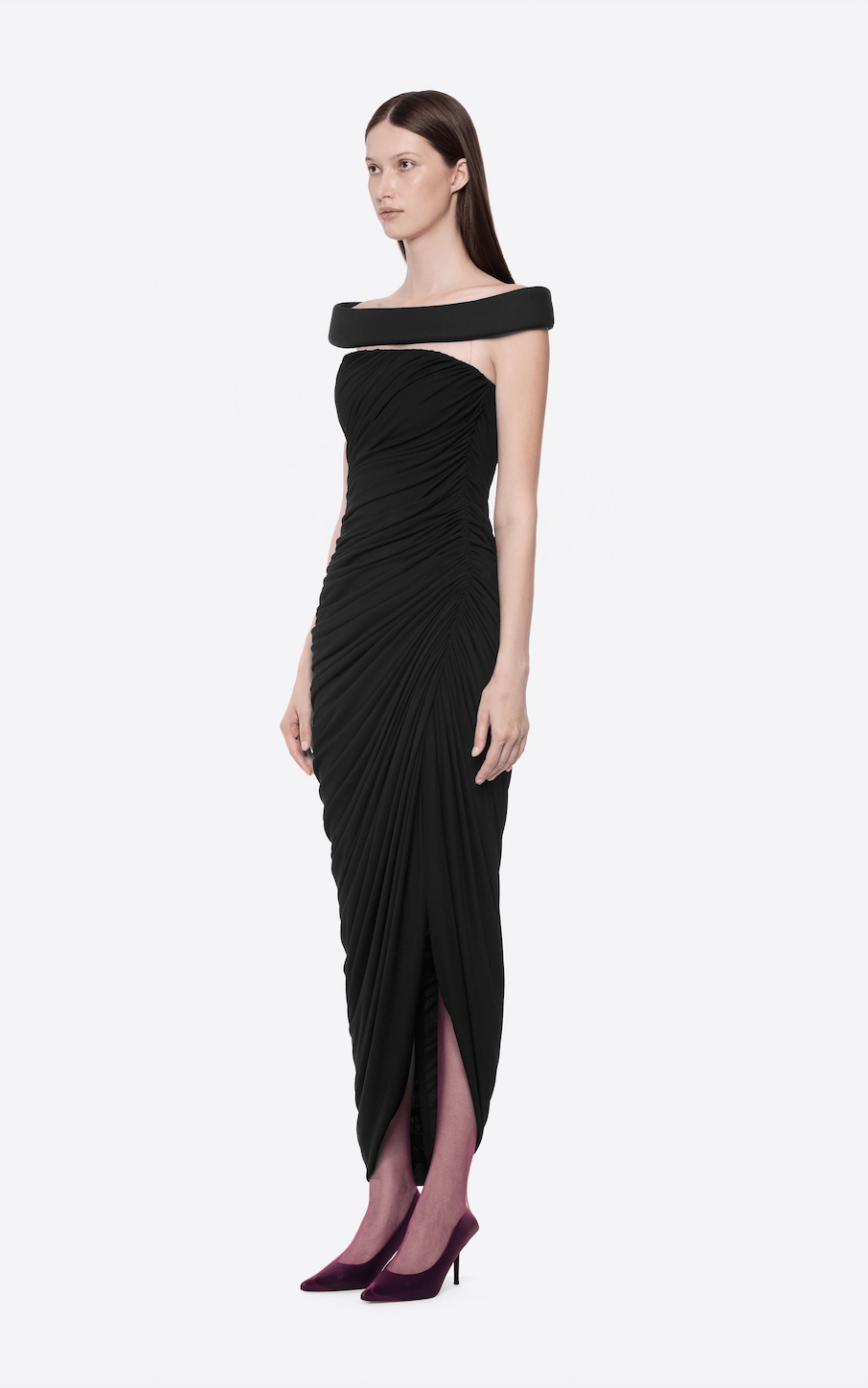 TASARIM DRAPE DETAYLI OMUZLARI AÇIK SİYAH MİDİ ELBİSE