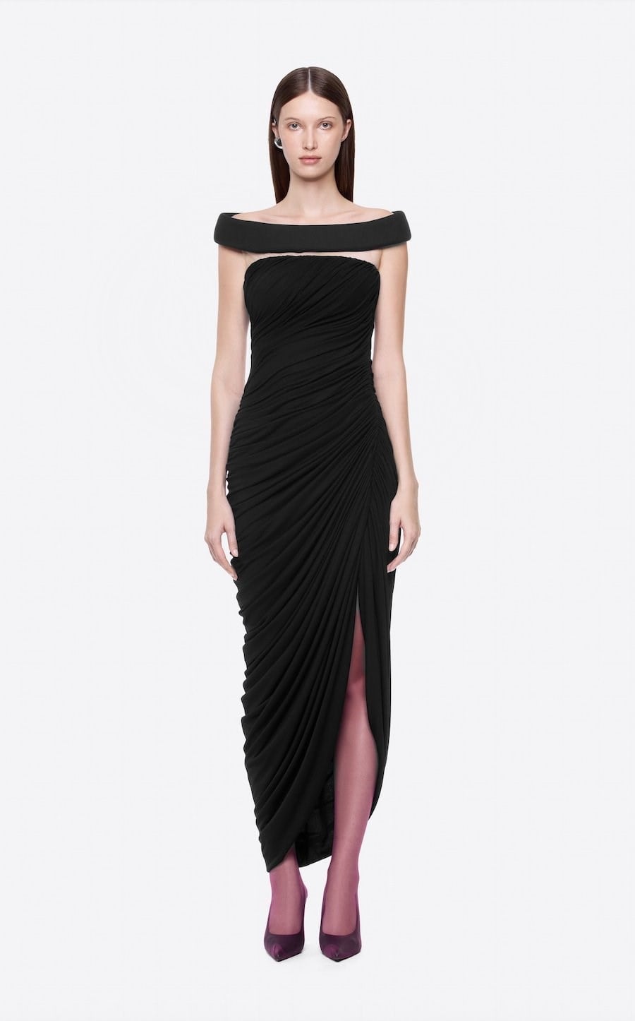 TASARIM DRAPE DETAYLI OMUZLARI AÇIK SİYAH MİDİ ELBİSE