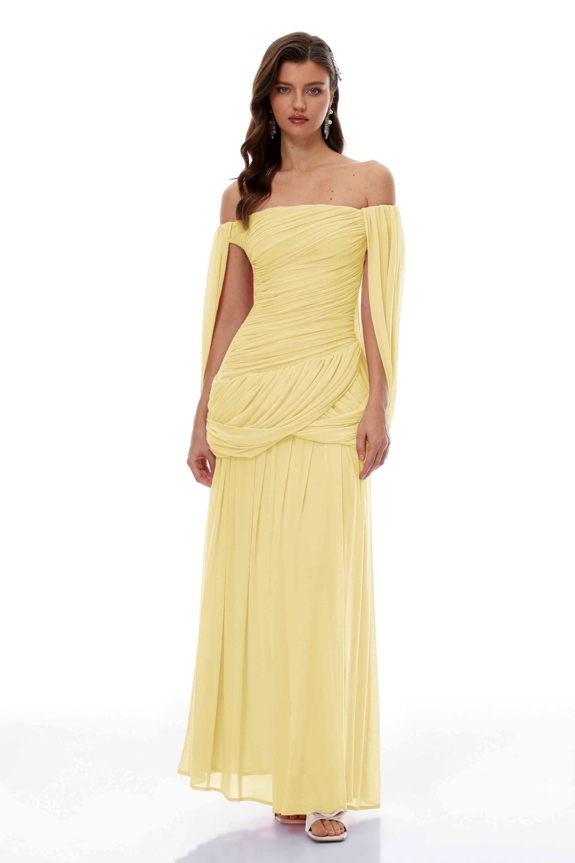 TASARIM DRAPE DETAYLI SARI PELERİNLİ MİDİ ELBİSE