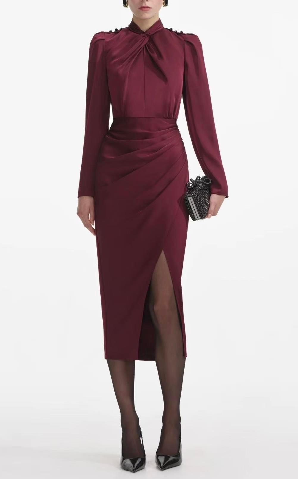 TASARIM DRAPE DETAYLI YIRTMAÇLI PREMİUM MİDİ ELBİSE