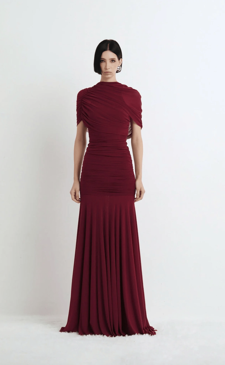 TASARIM DRAPE TÜL DETAYLI BORDO UZUN MİDİ ELBİSE
