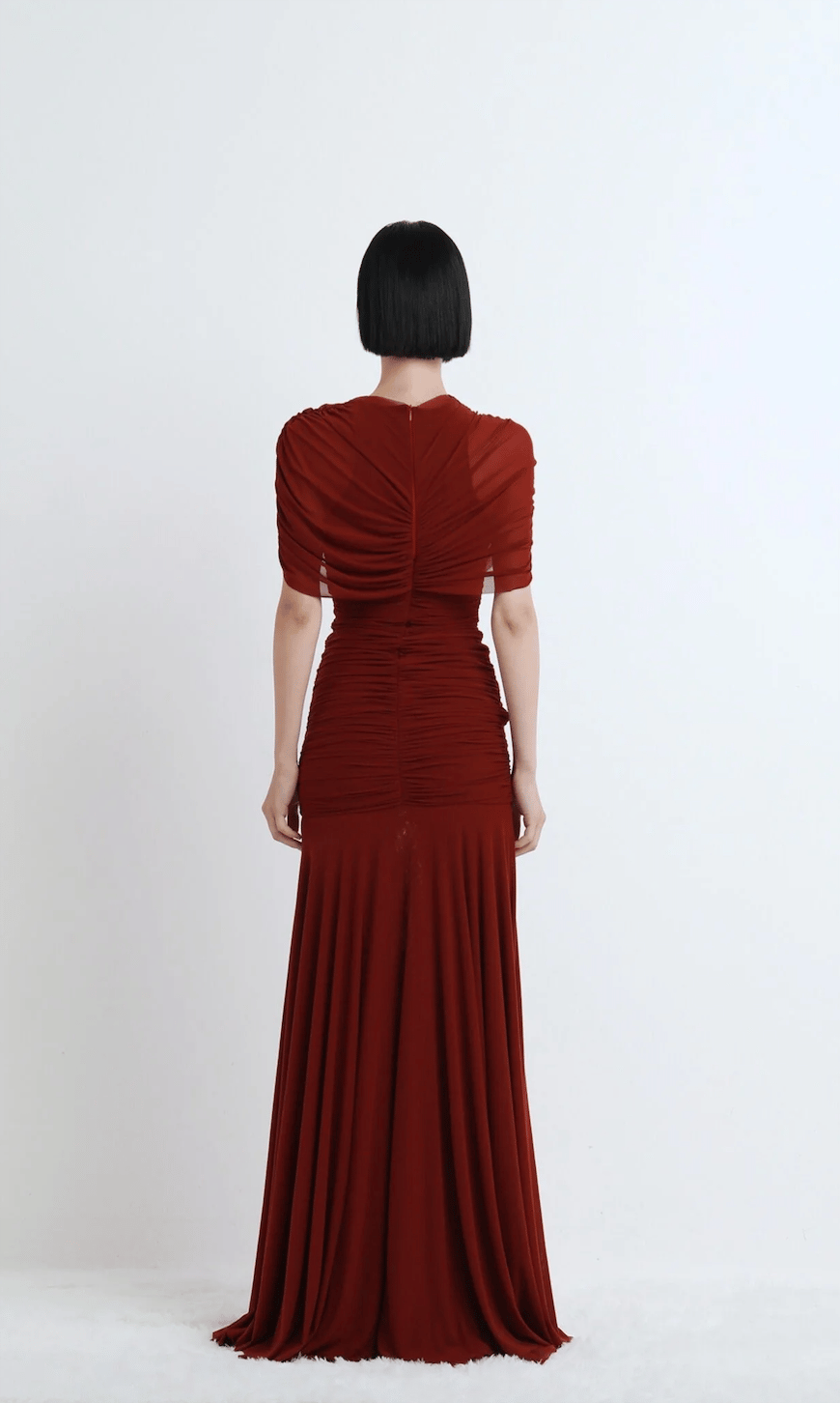 TASARIM DRAPE TÜL DETAYLI BORDO UZUN MİDİ ELBİSE