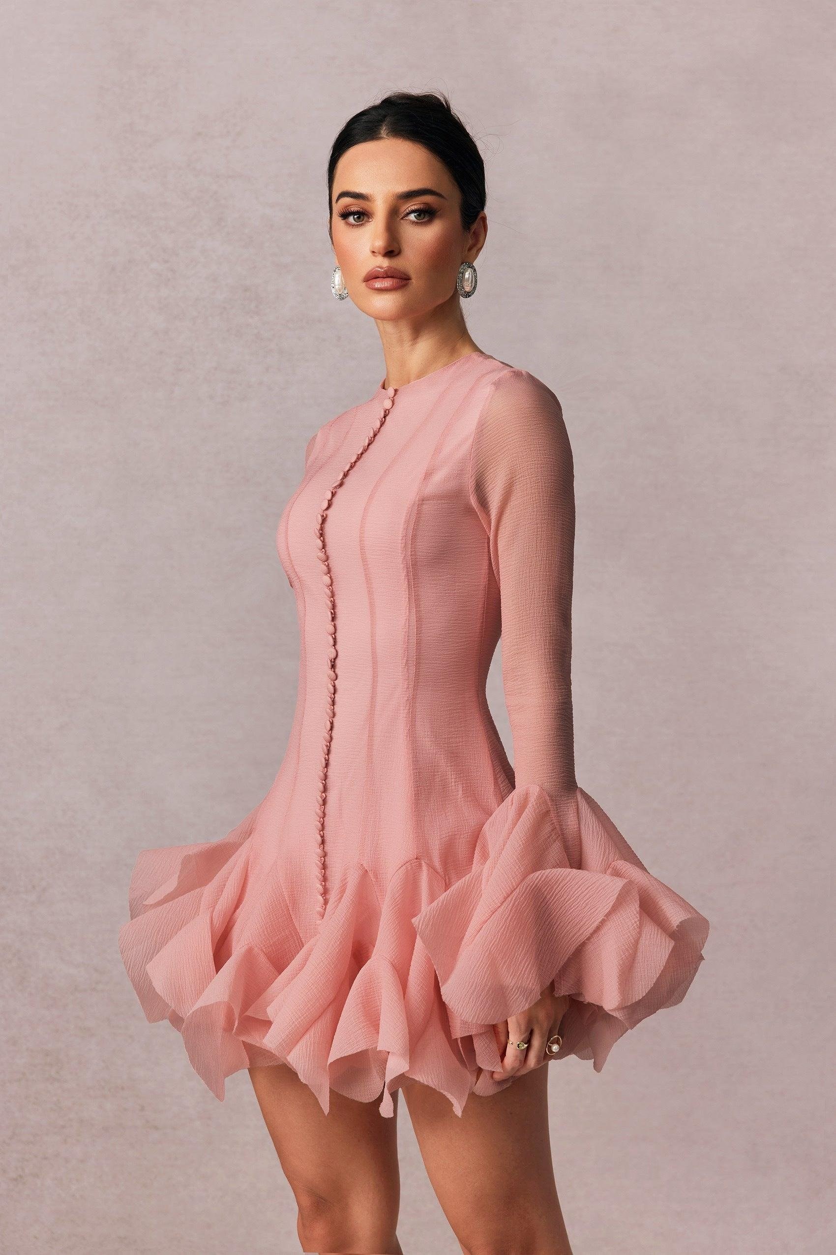 TASARIM DÜĞME VE FIRFIR DETAYLI PEMBE MİNİ ELBİSE