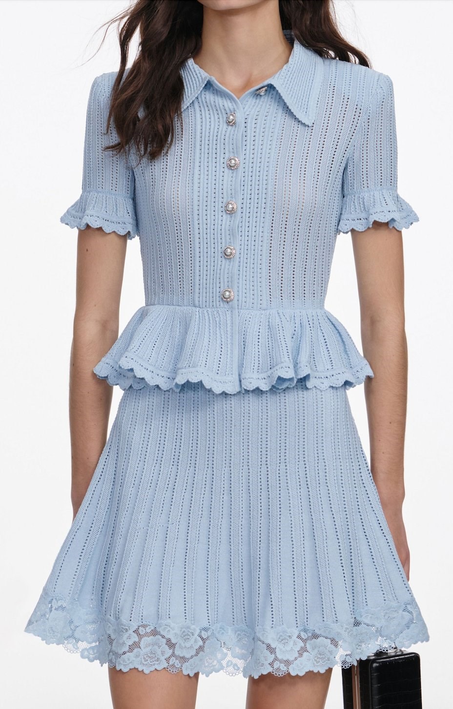 TASARIM ETEK UCU DANTELLİ PEPLUM DETAYLI MAVİ TRİKO MİNİ ELBİSE