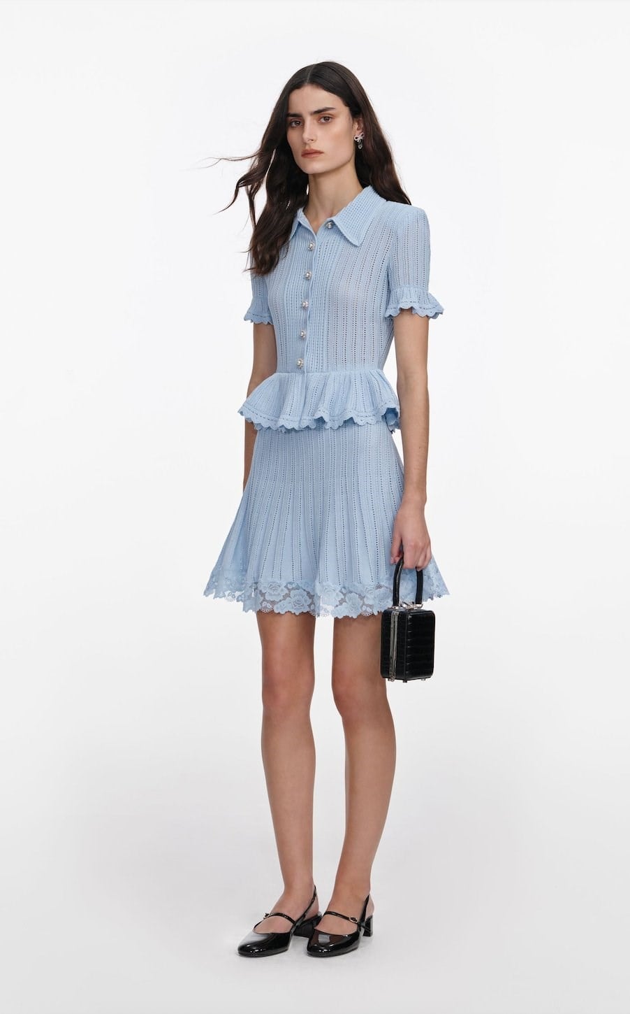 TASARIM ETEK UCU DANTELLİ PEPLUM DETAYLI MAVİ TRİKO MİNİ ELBİSE