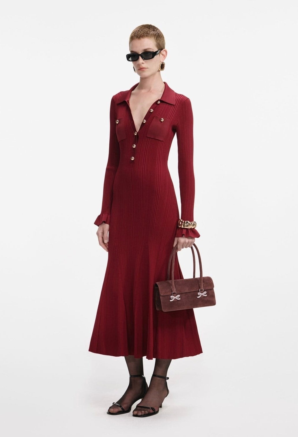 TASARIM GOLD DÜĞMELİ PEPLUM DETAYLI MİDİ TRİKO ELBİSE