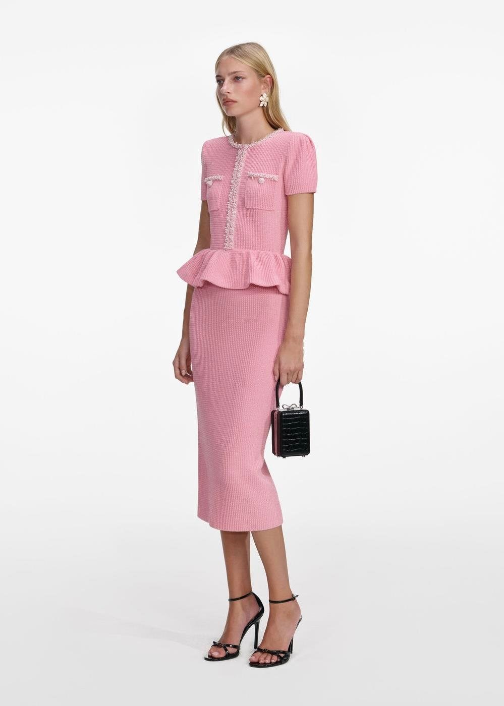 TASARIM PEBLUM DETAYLI İNCİLİ PEMBE MİDİ ELBİSE 