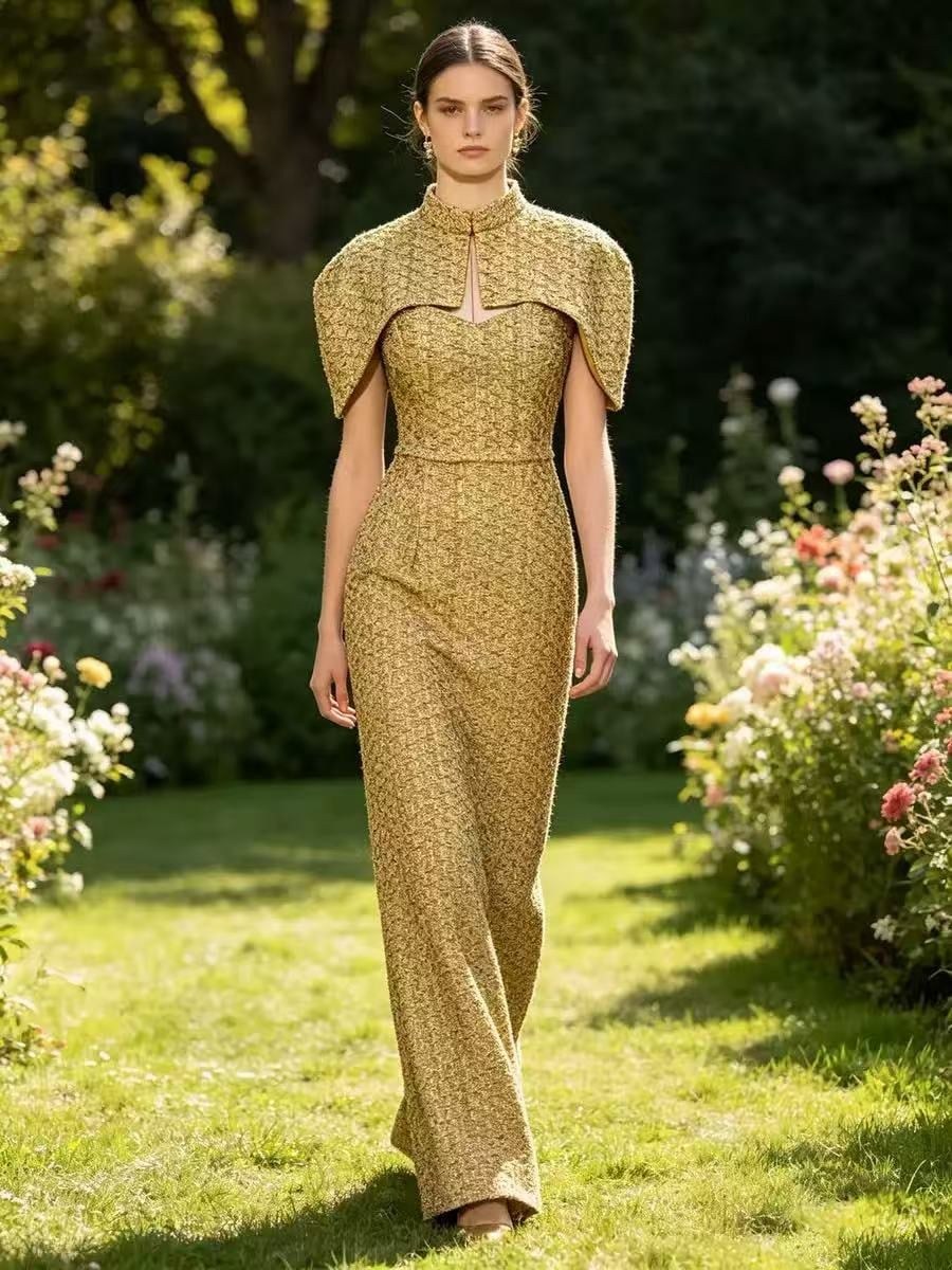 TASARIM PELERİN DETAYLI GOLD MAKSİ ELBİSE