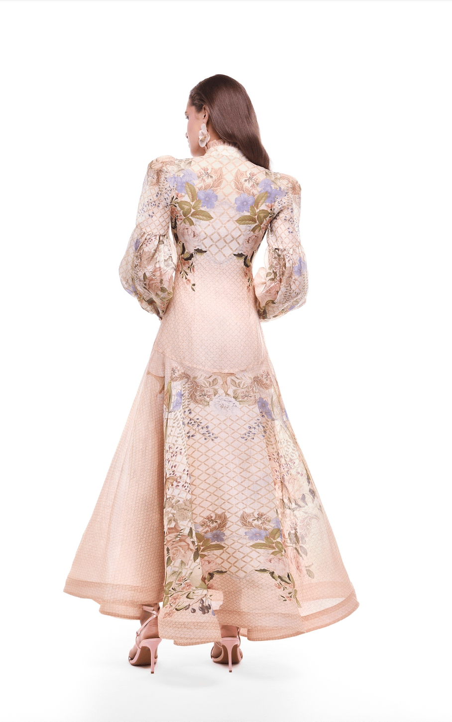 TASARIM PEMBE DESENLİ ŞALLI UZUN MİDİ ELBİSE