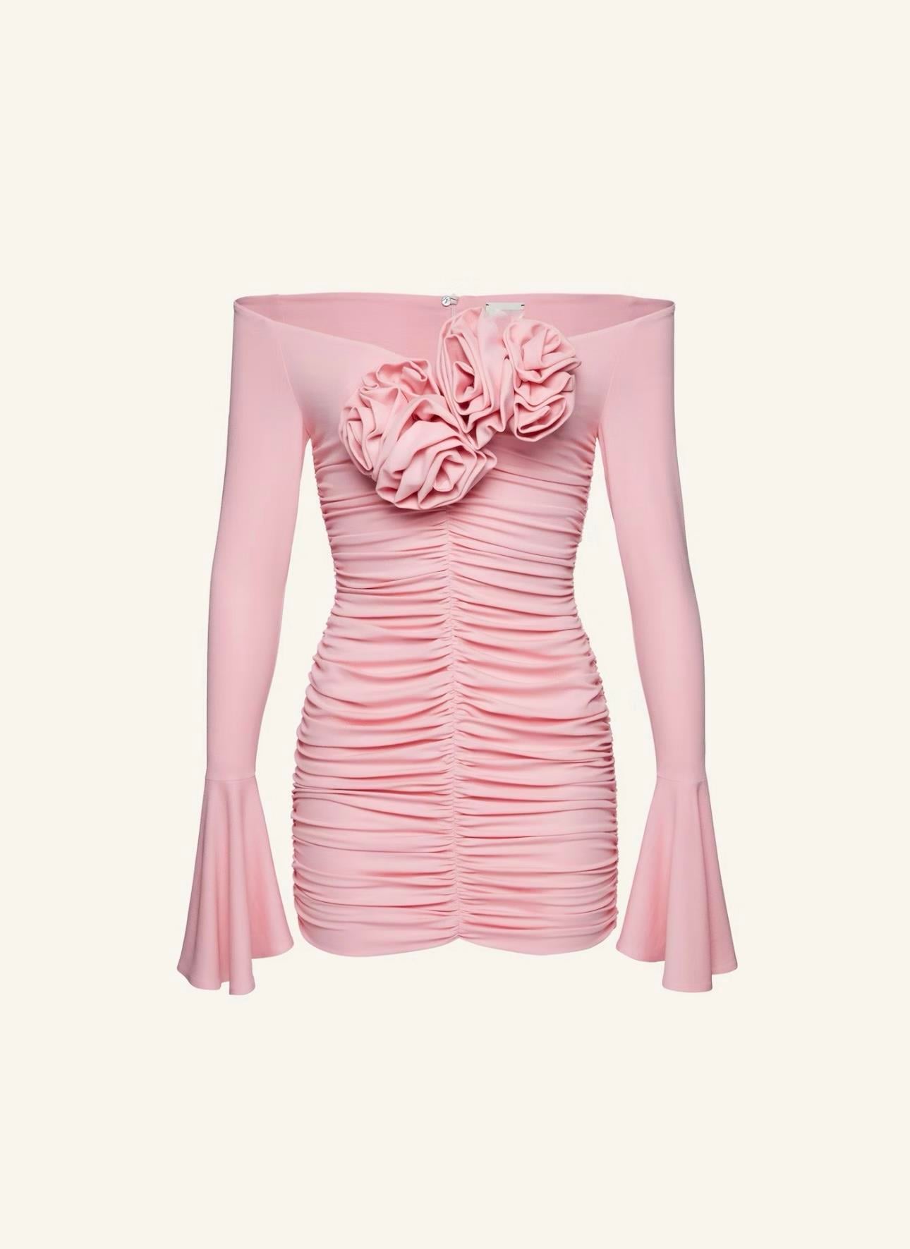 TASARIM PEMBE GÜL DETAYLI MİNİ ELBİSE