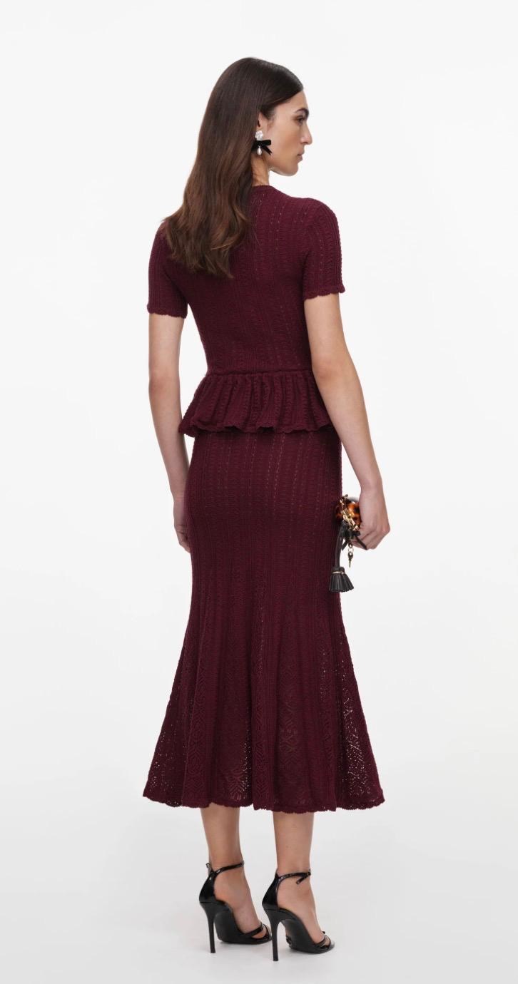 TASARIM PEPLUM BORDO TRİKO MİDİ ELBİSE