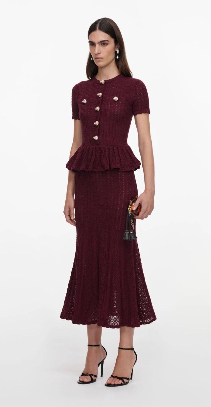 TASARIM PEPLUM BORDO TRİKO MİDİ ELBİSE