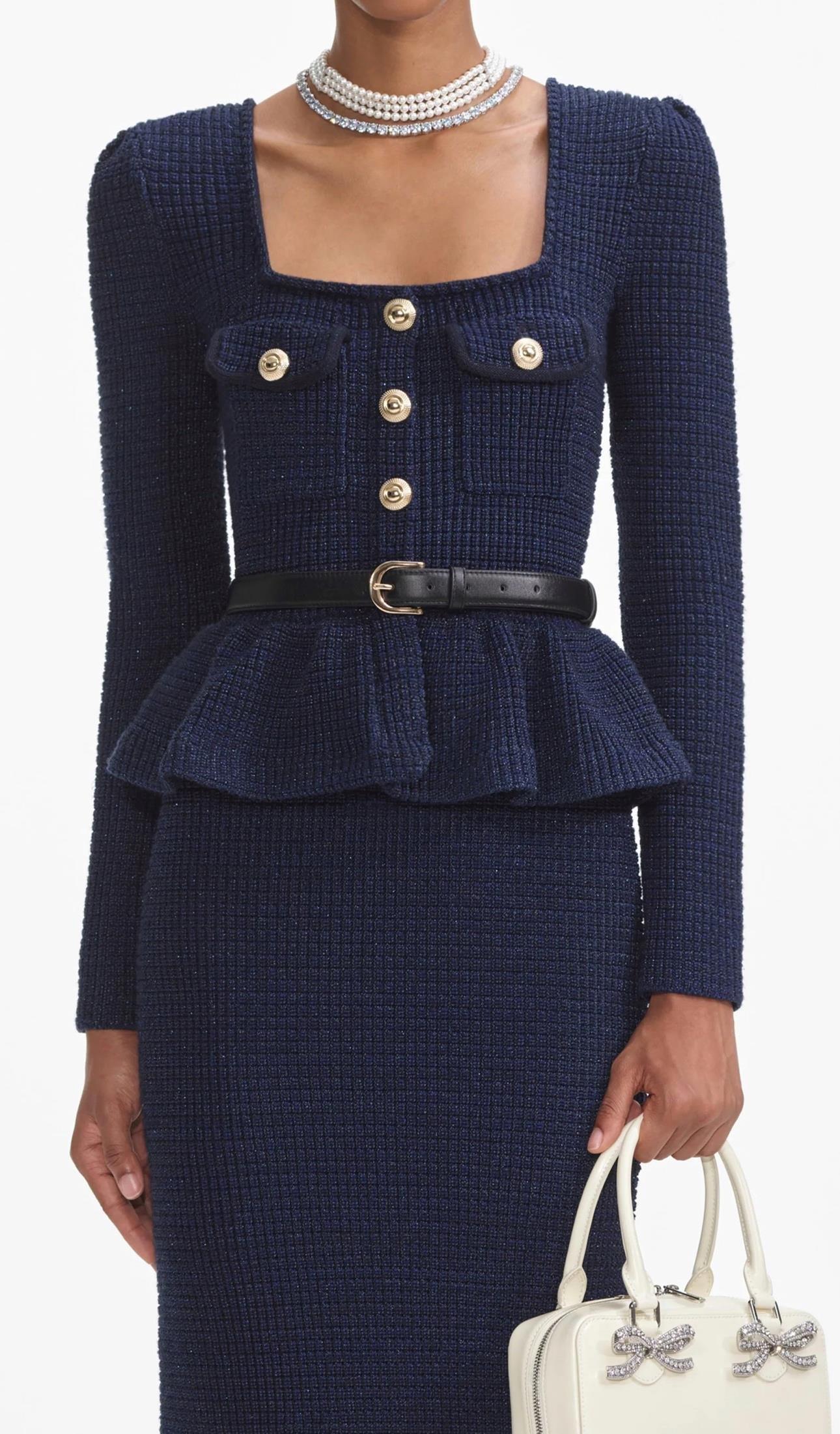 TASARIM PEPLUM DETAYLI DÜPMELİ LACİVERT KALEM MİDİ ELBİSE